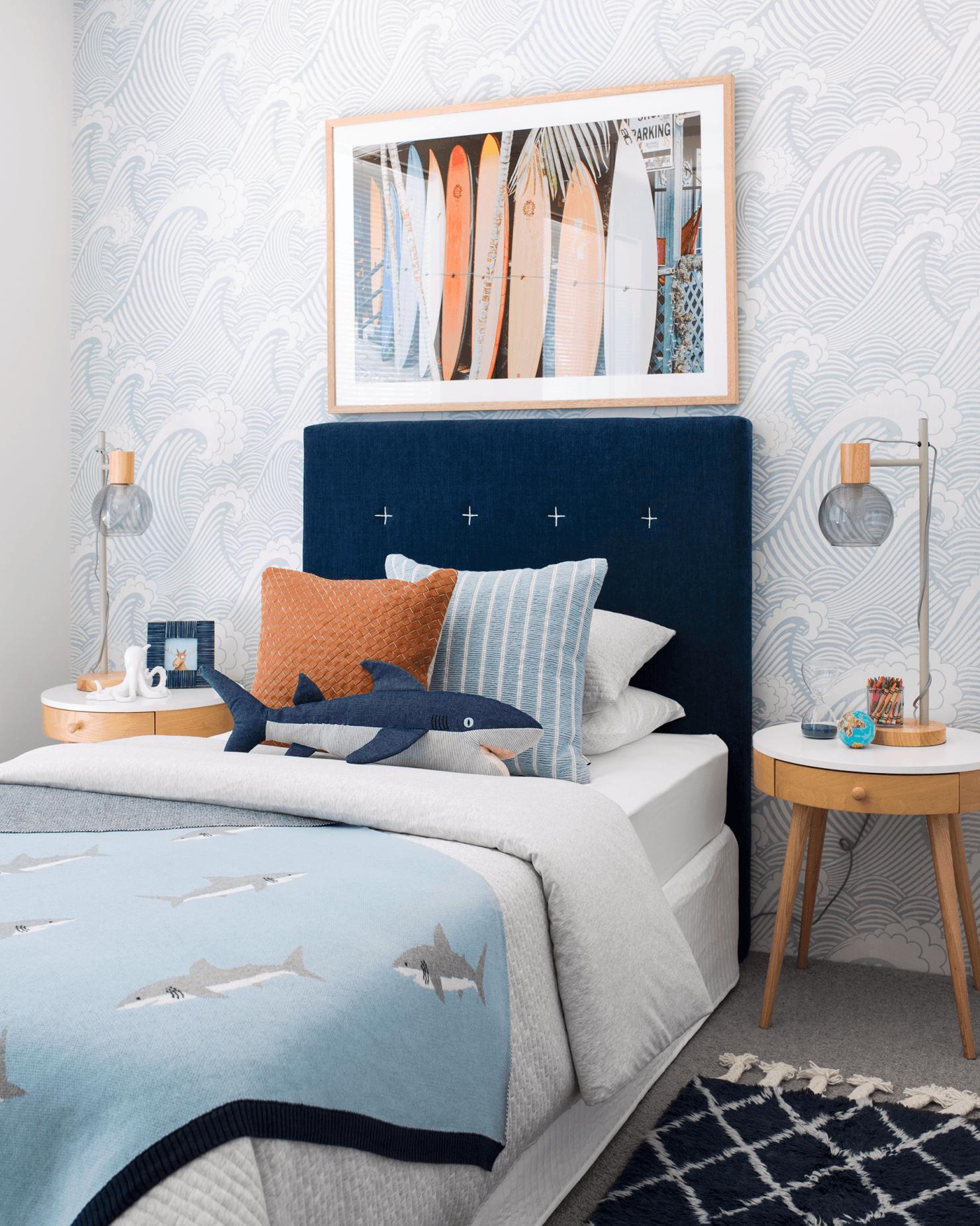 Blue wave wallpaper in a surf, shark and ocean inspired room