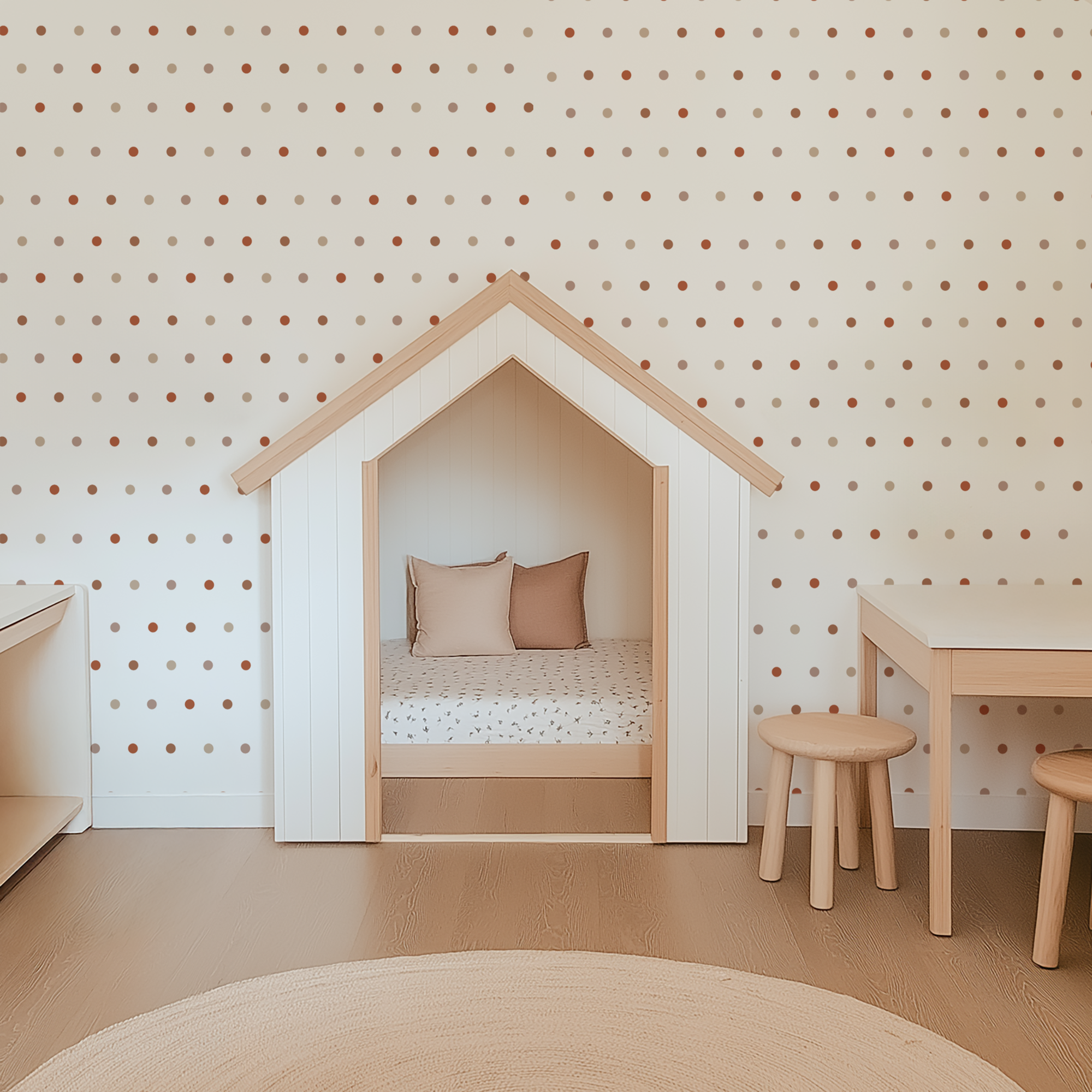Removable 1 inch terracotta polka dot wall decals installed in a Montessori playroom with wooden house bed and neutral decor.