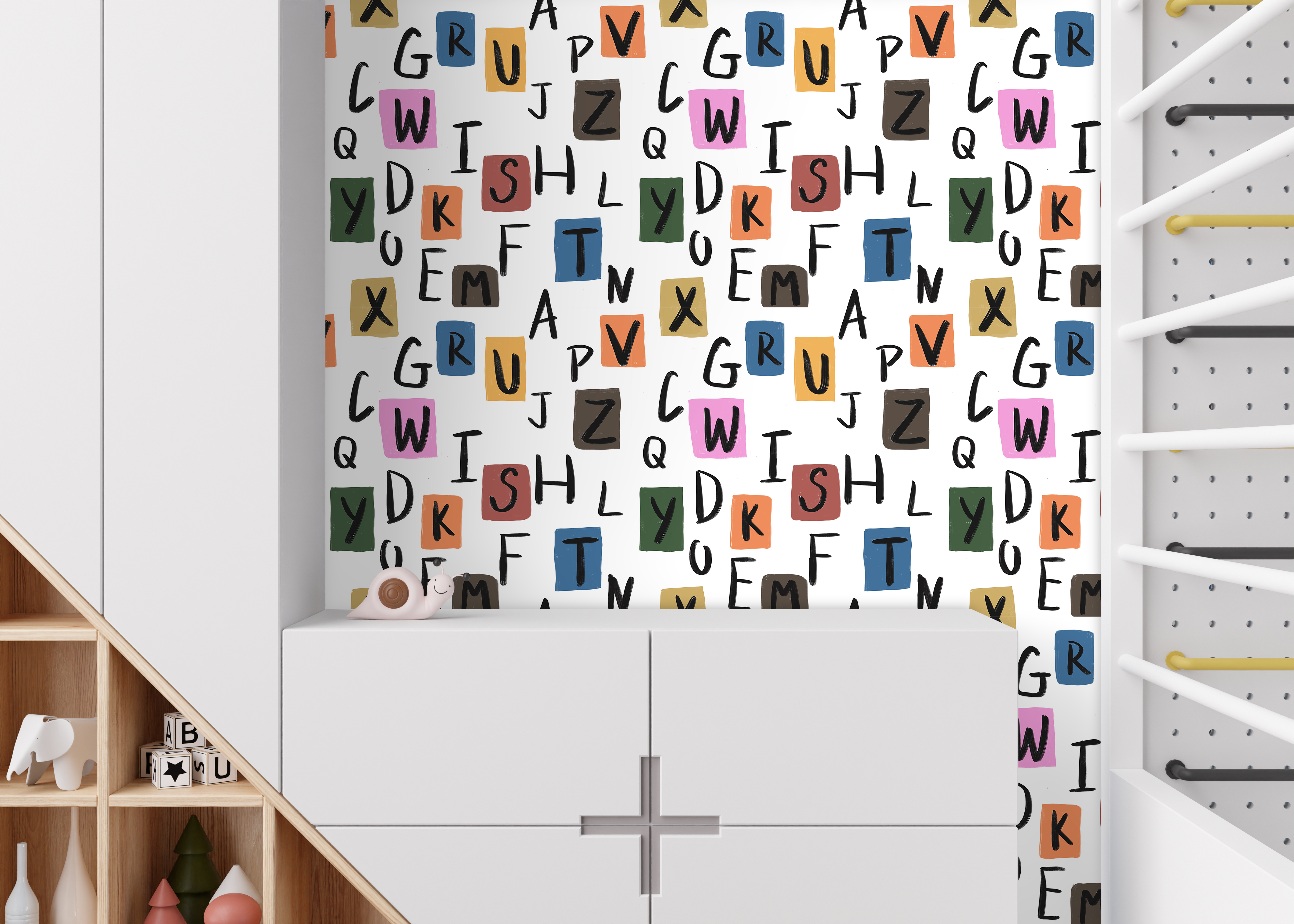 ABC alphabet wallpaper installed in modern playroom, educational daycare wallpaper design
