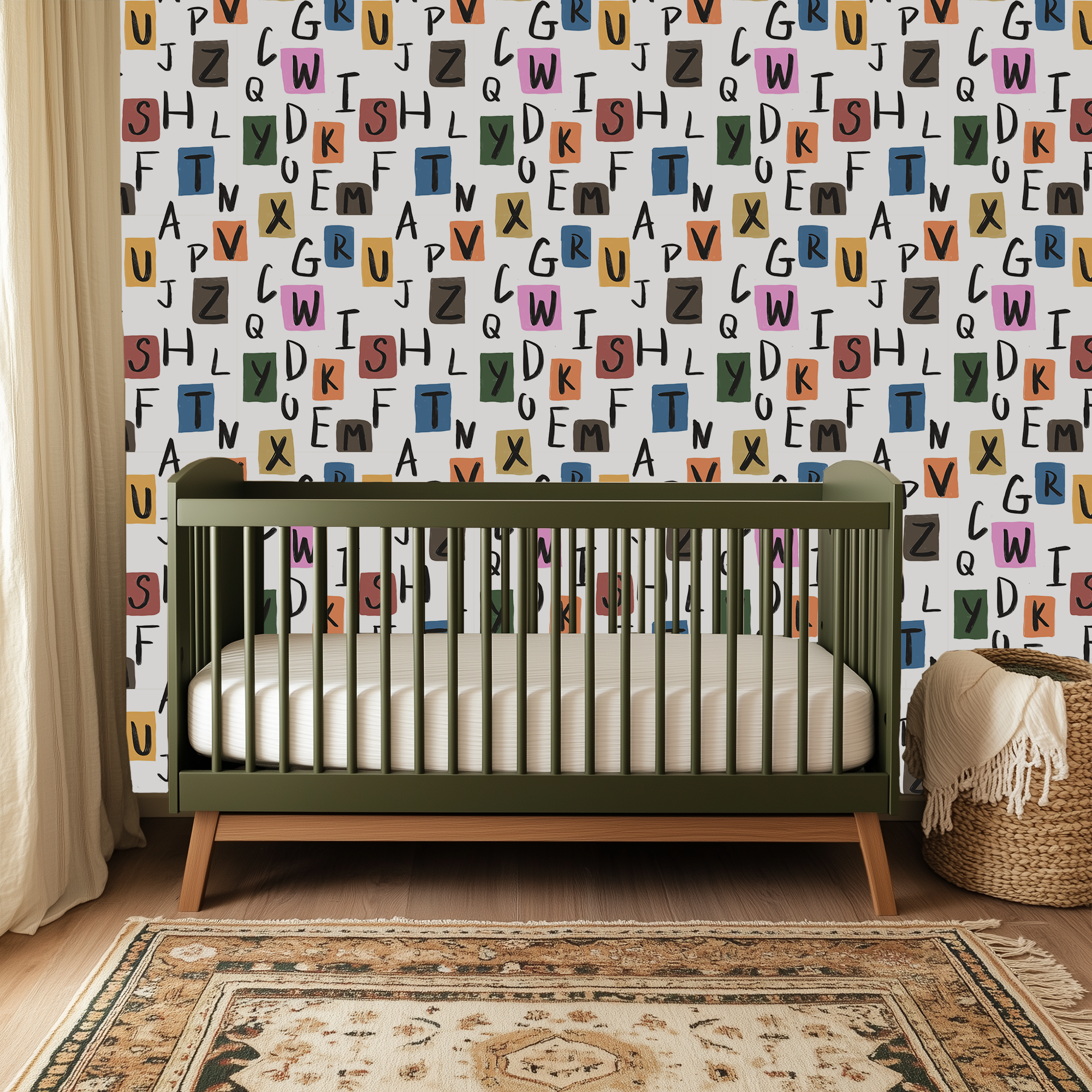 ABC alphabet wallpaper in modern nursery with olive green crib, colorful educational letter pattern wallpaper for kids room