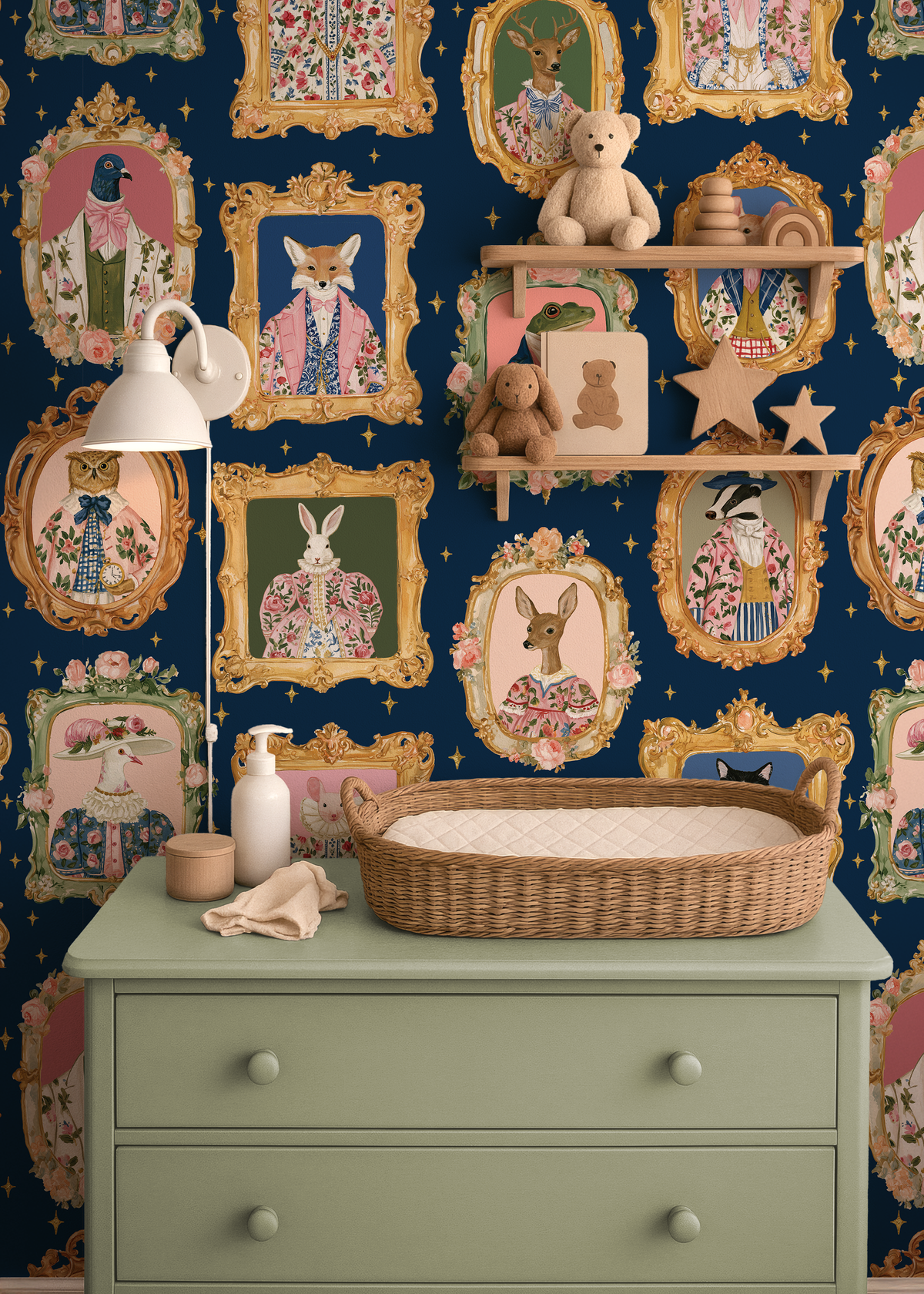 Whimsical Animal Portrait Wallpaper in a nursery with navy background, vintage framed animals, floral details and sage green dresser