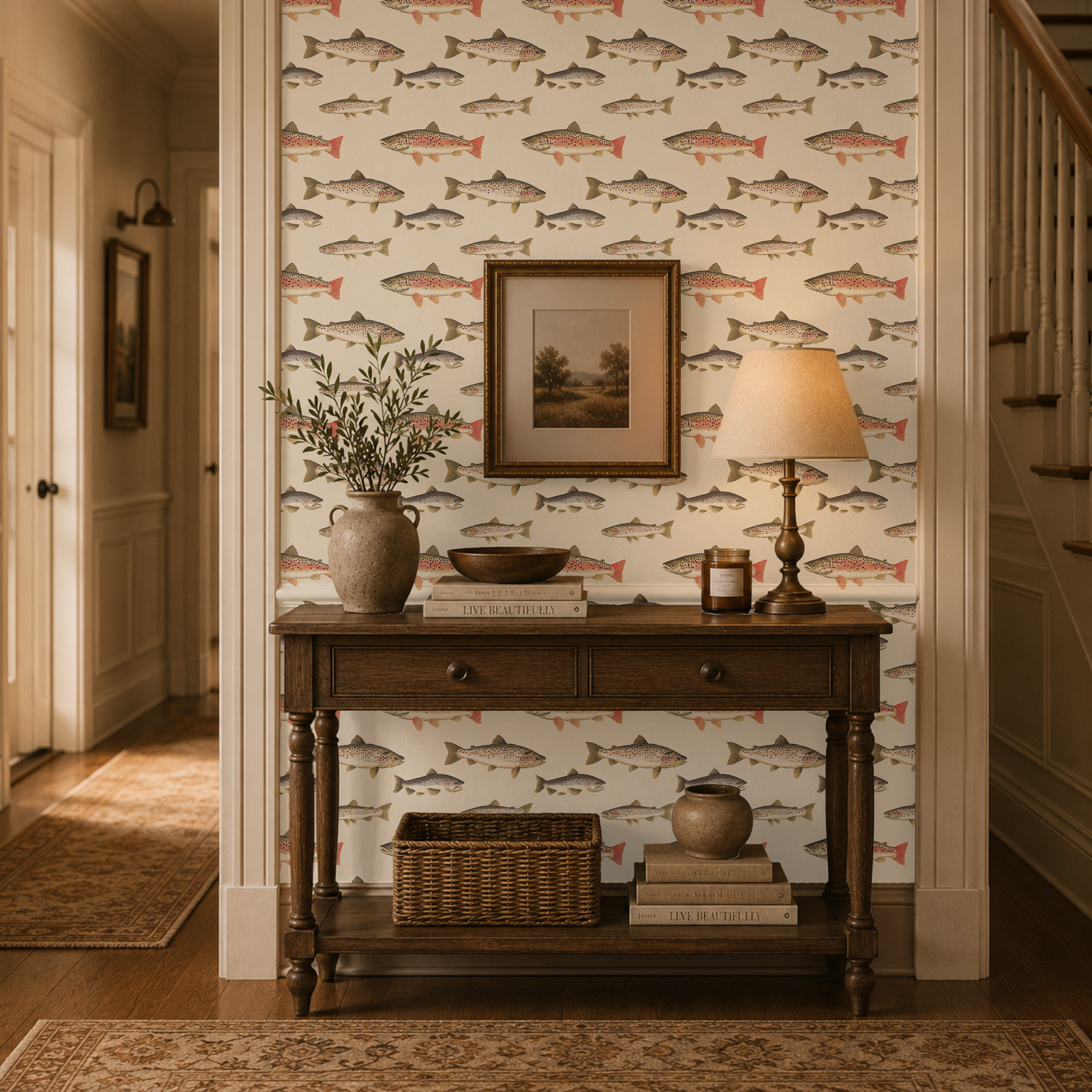 Anglers trout wallpaper styled in a traditional entryway with wood console table