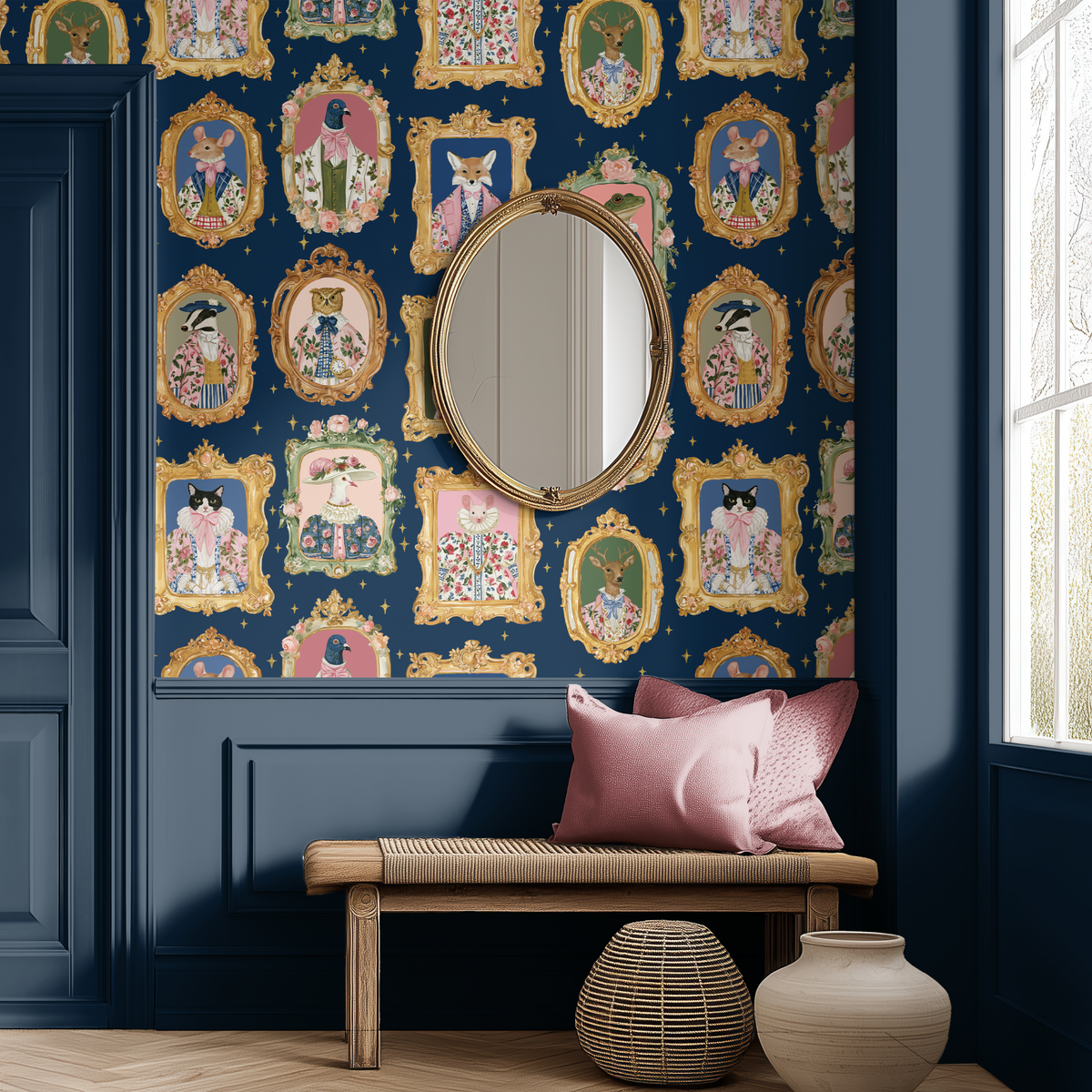 Animal Portrait Wallpaper in a navy hallway with whimsical framed animals, gold frames, pink accents and classic wall molding