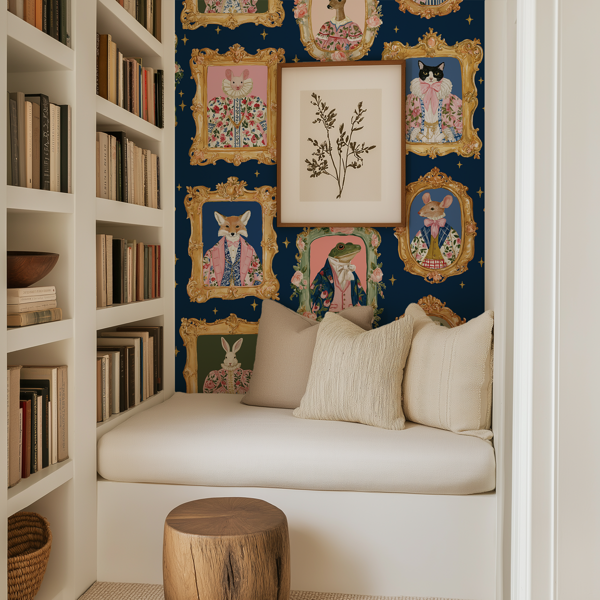 Animal Portrait Wallpaper in a cozy reading nook with whimsical woodland animals, ornate gold frames and deep navy background