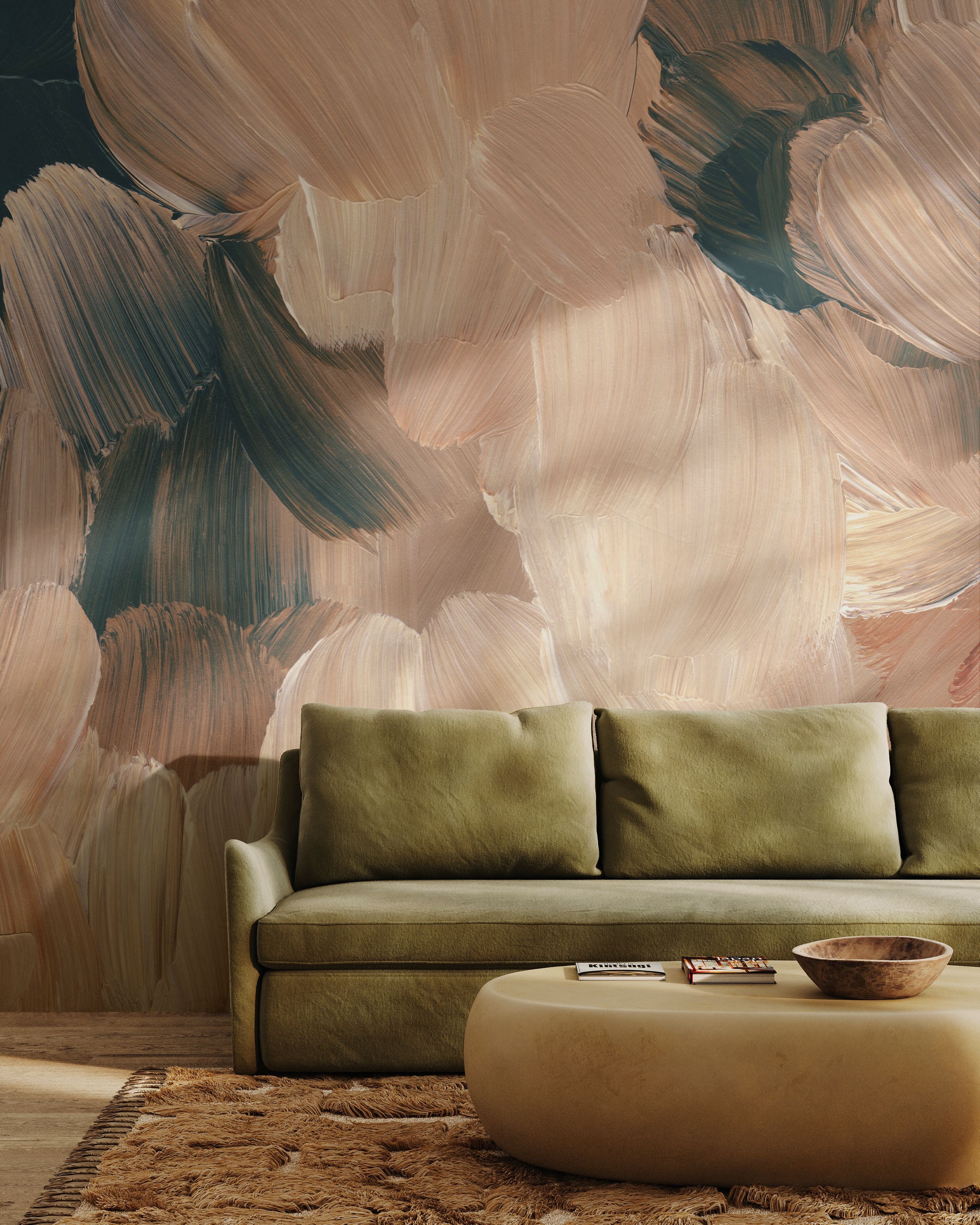 Modern abstract wall mural behind olive green sofa and rustic coffee table decor