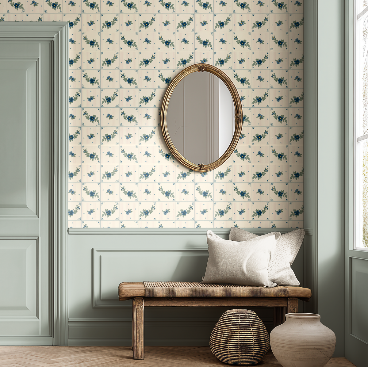 Vintage blue floral tile wallpaper in traditional entryway with sage green wall paneling and antique gold mirror