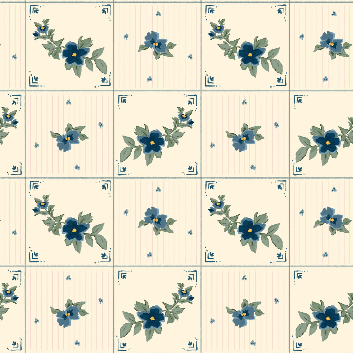 Close up of Azulejo Tile Wallpaper featuring hand painted blue flowers, green leaves and cream striped tiles