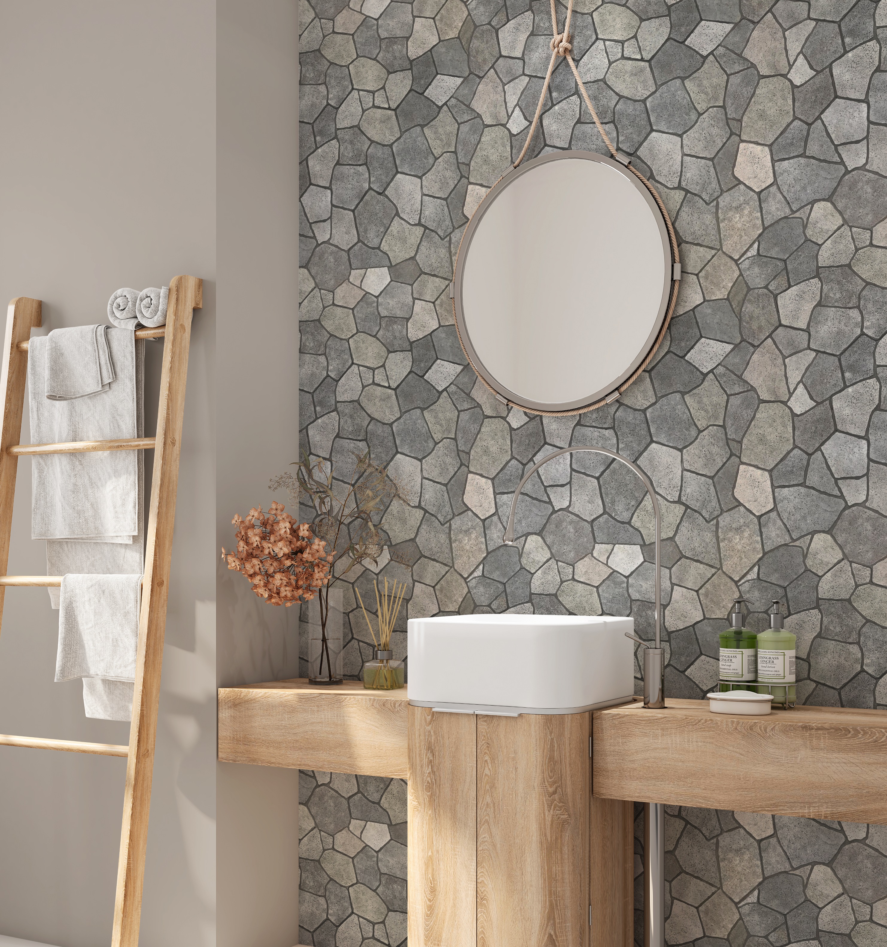 Flagstone tile wallpaper in a modern bathroom, rustic stone wall behind round mirror and wood vanity