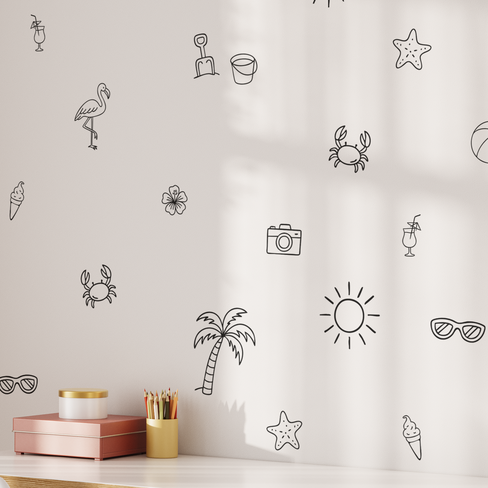 tropical beach wall stickers featuring a palm tree, crab, sun, cocktail, ice cream, and hibiscus flower