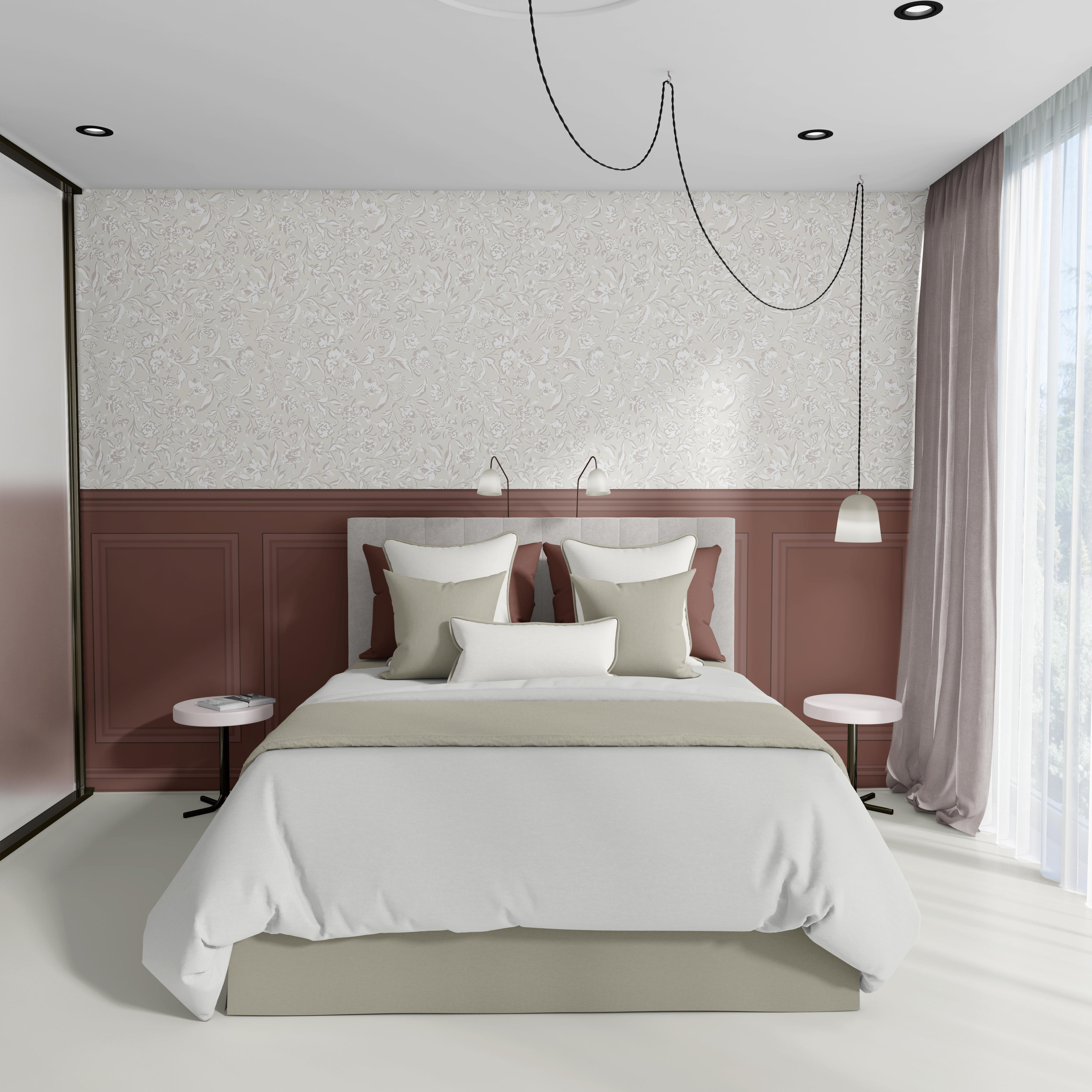 Bedroom with removable board and batten wallpaper and floral wall above burgundy wainscoting