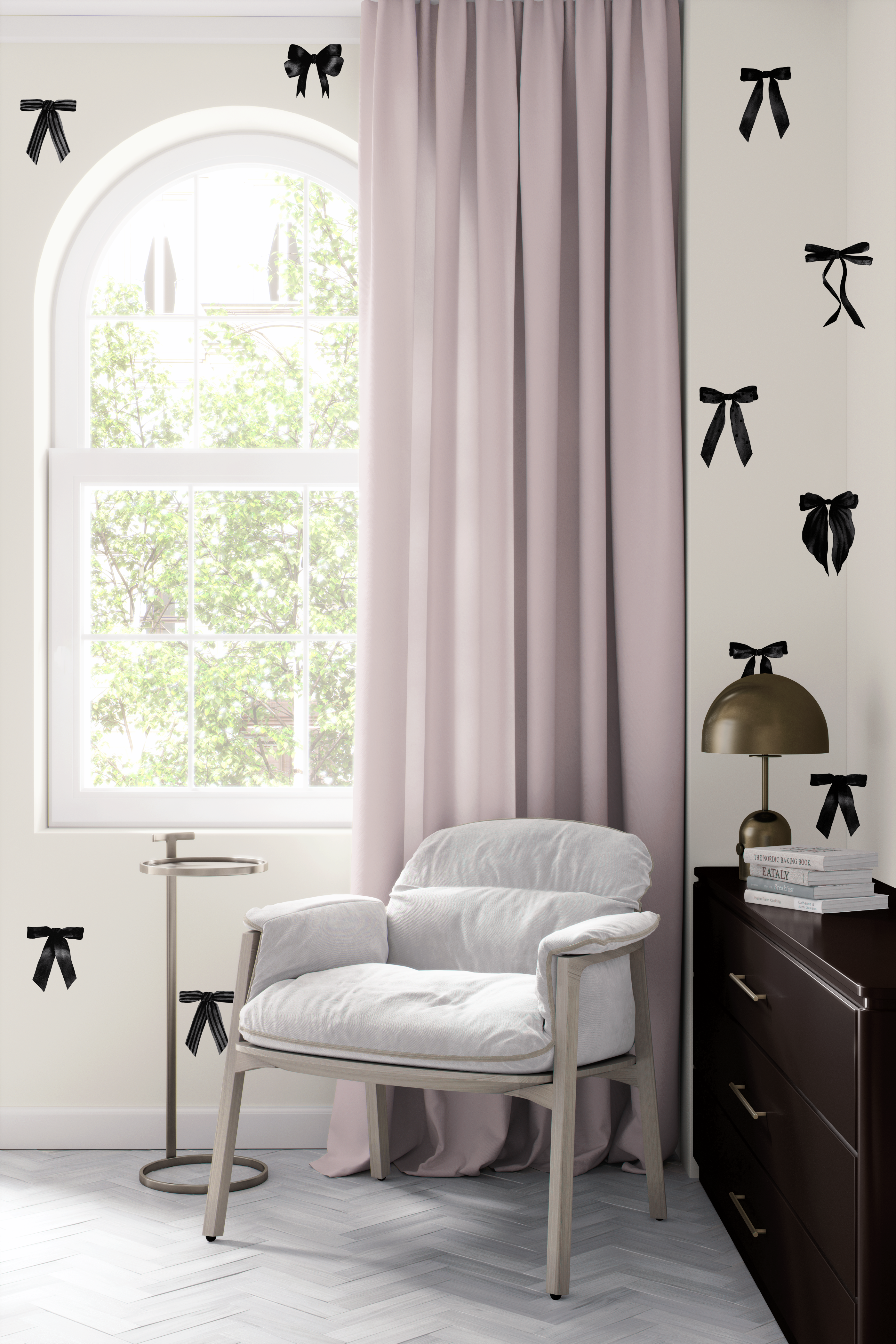 elegant black bow wall decals styled around window, chair and dresser, removable peel and stick ribbon wall decor