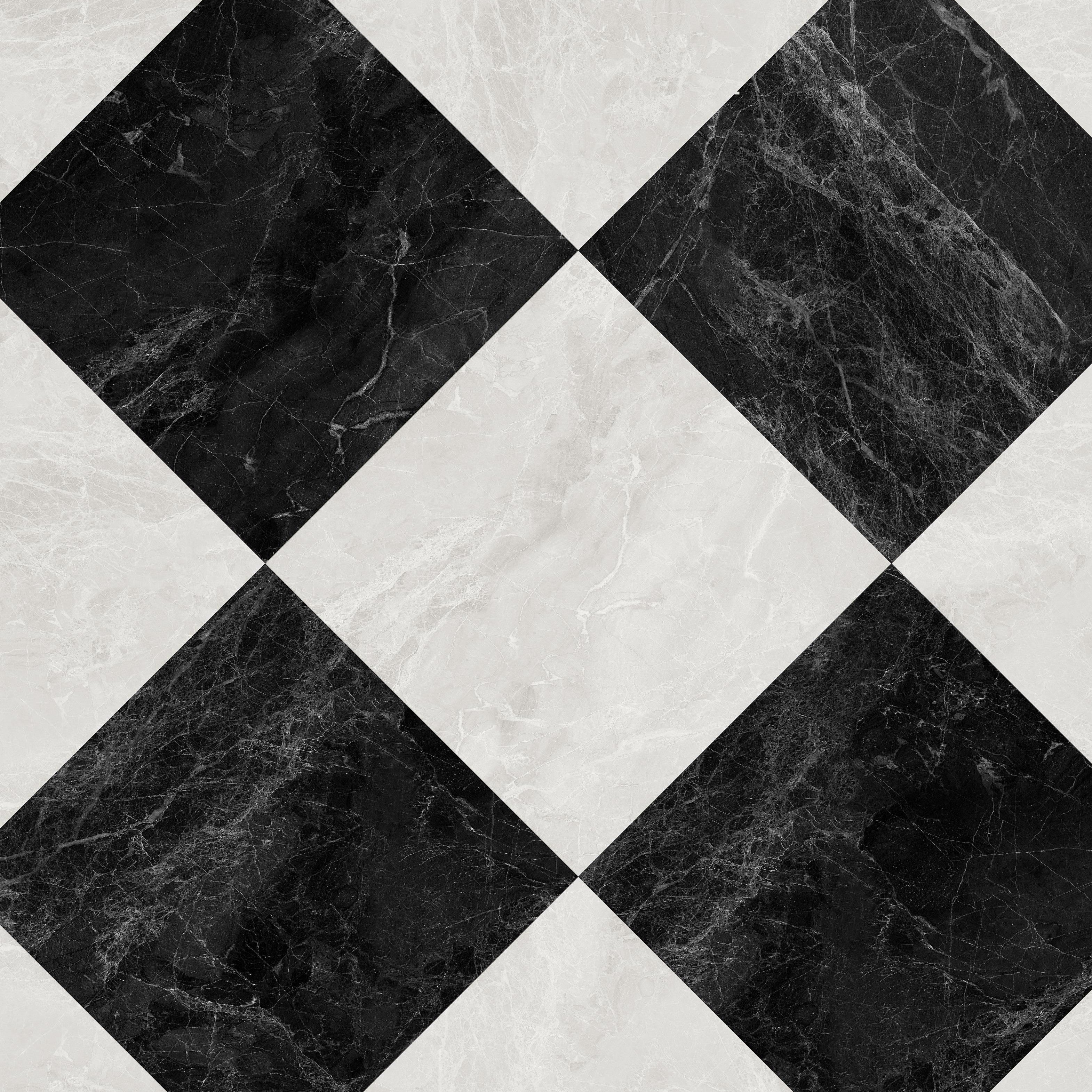 Close-up of black and ivory marble harlequin wallpaper showing realistic stone texture and diamond pattern