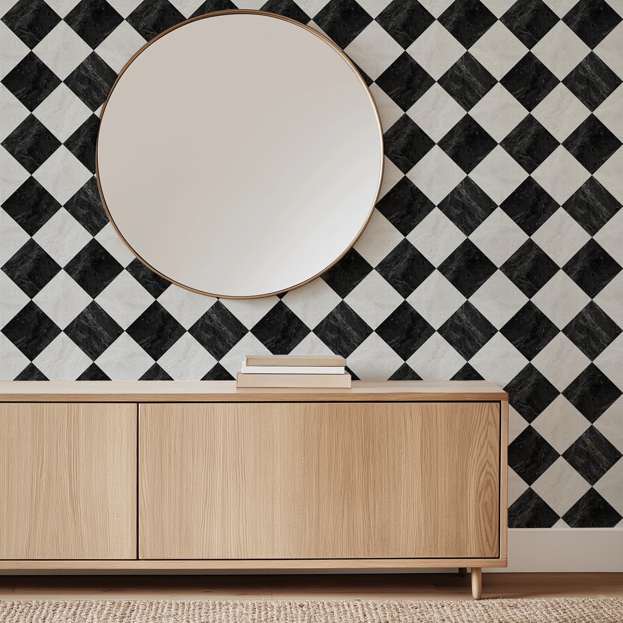 Black and ivory marble harlequin wallpaper behind a round mirror and light wood console table