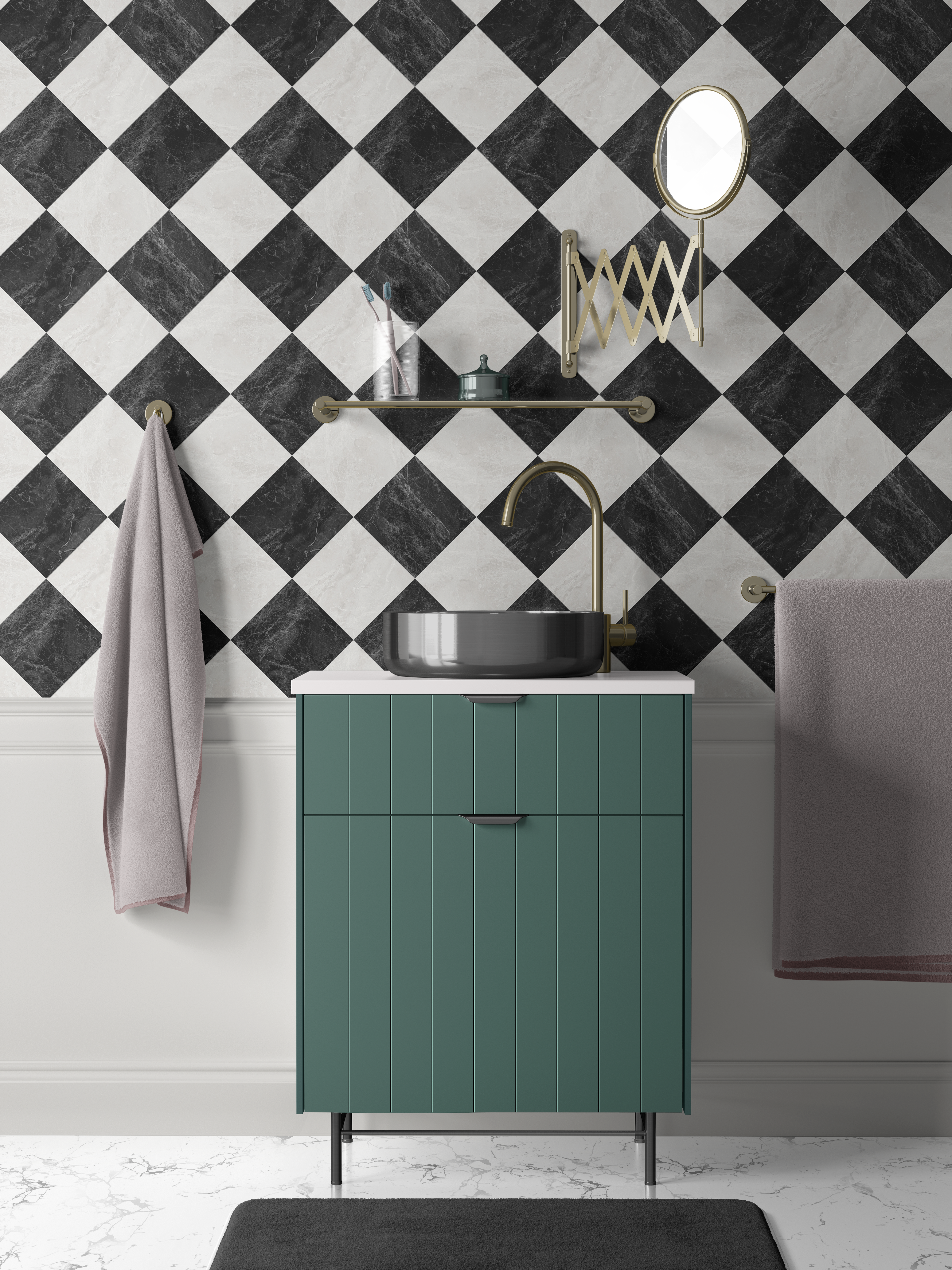 Black harlequin tile wallpaper with marble diamond pattern styled in a bathroom with green vanity and brass fixtures