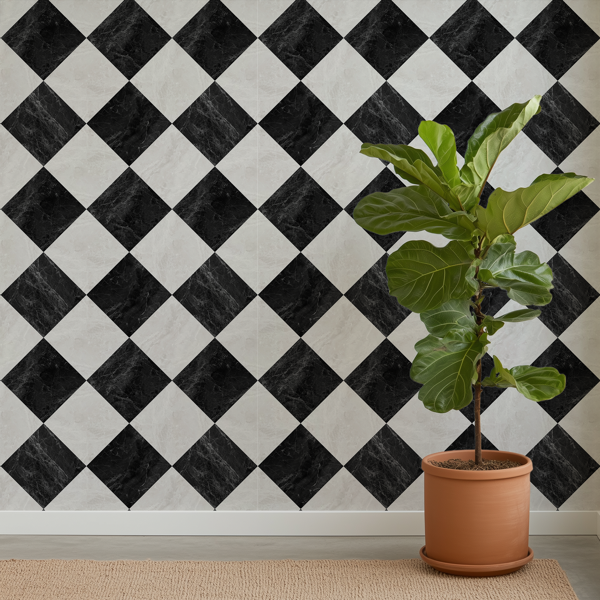 Classic black diamond wallpaper with marble texture styled beside a fiddle leaf fig plant