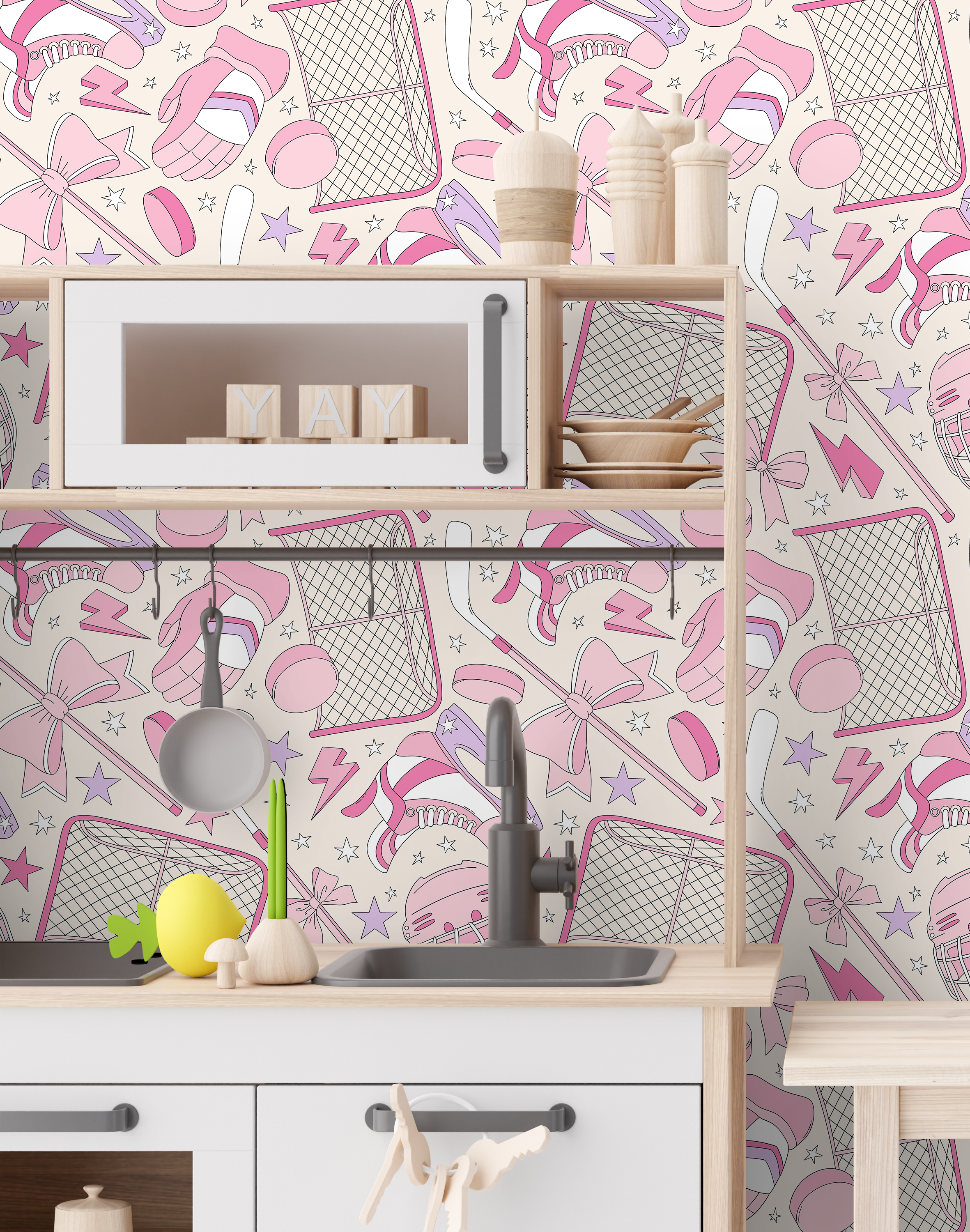 pink hockey wallpaper installed in kids play kitchen featuring hockey sticks, bows, skates, helmets and nets in blush and lavender sports pattern