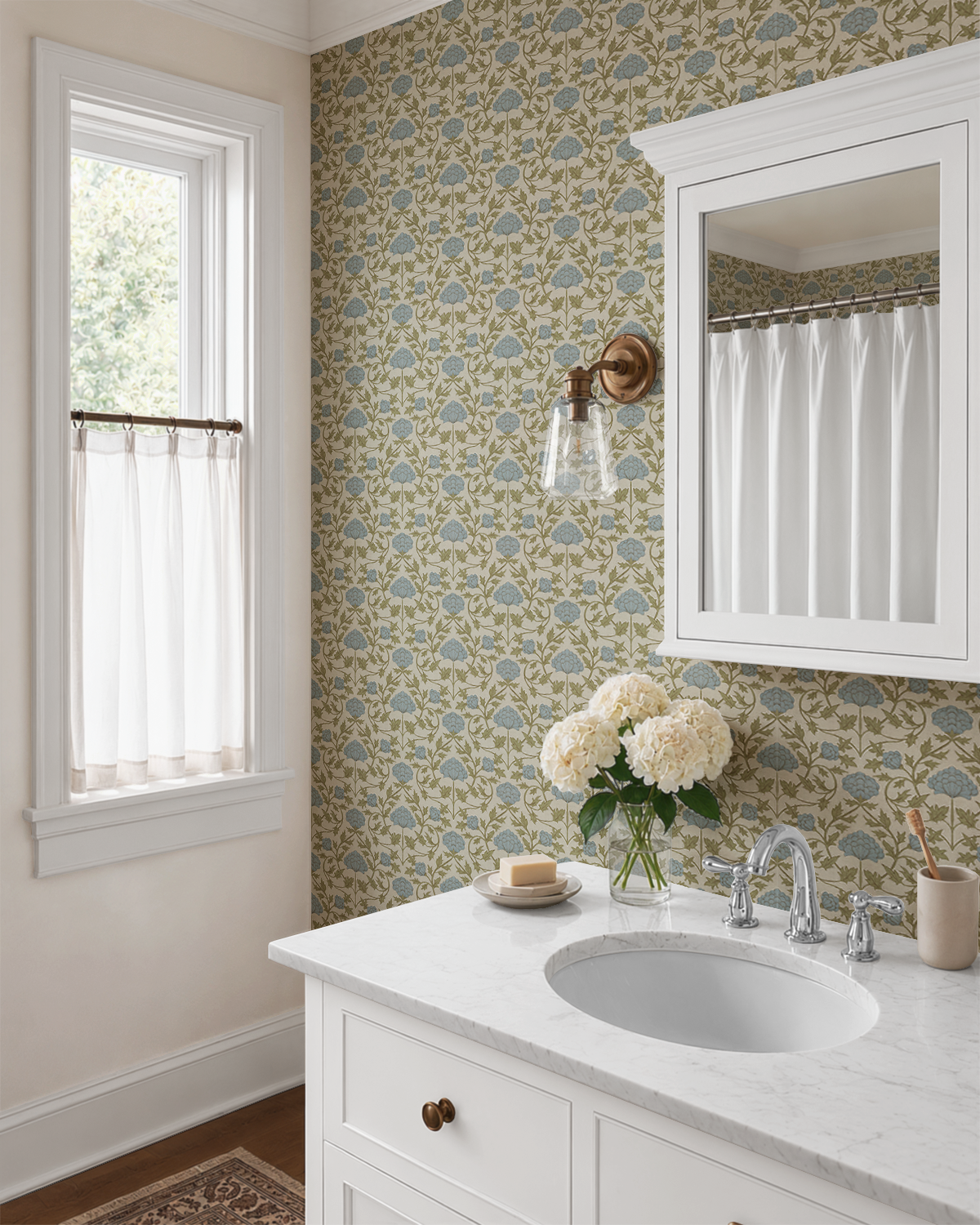 Blue Green Thistle wallpaper in a traditional bathroom featuring vintage botanical thistle blooms, sage green vines, and Arts and Crafts inspired floral pattern