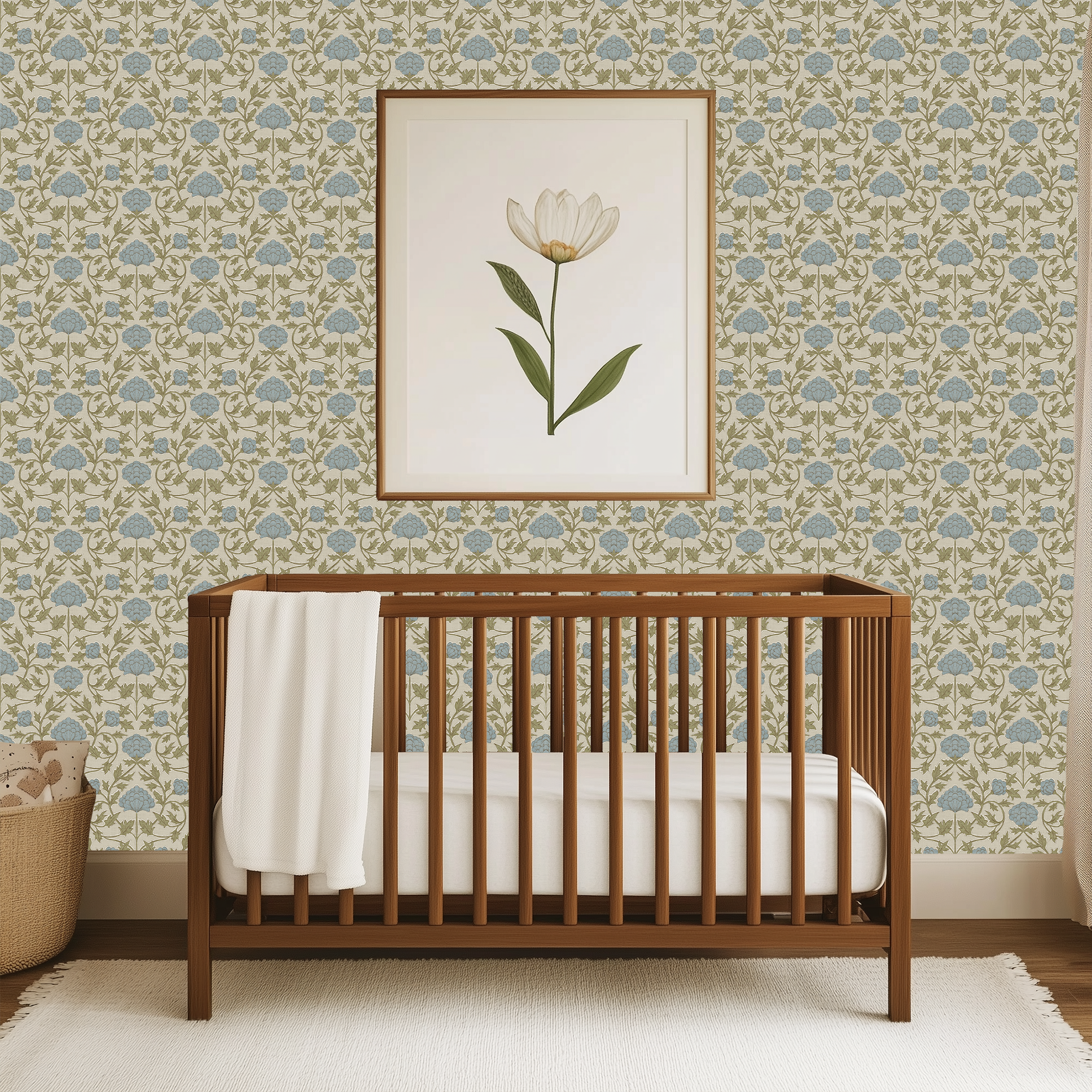 Blue Green Thistle nursery wallpaper featuring vintage floral thistle pattern, botanical vines, and timeless cottage inspired design