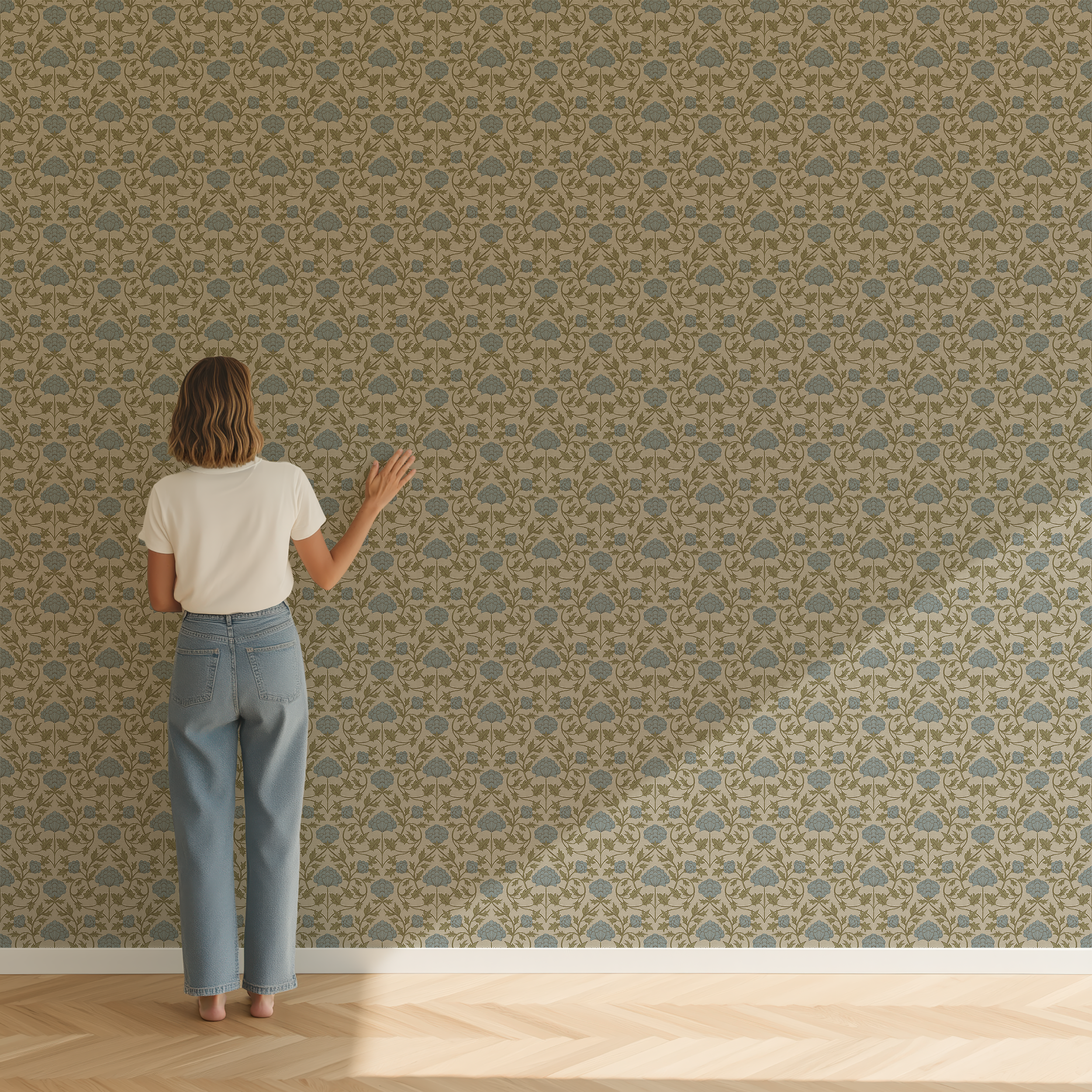 Blue Green Thistle wallpaper scale reference showing the size of the repeating floral pattern with blue thistle blooms and leafy green vines