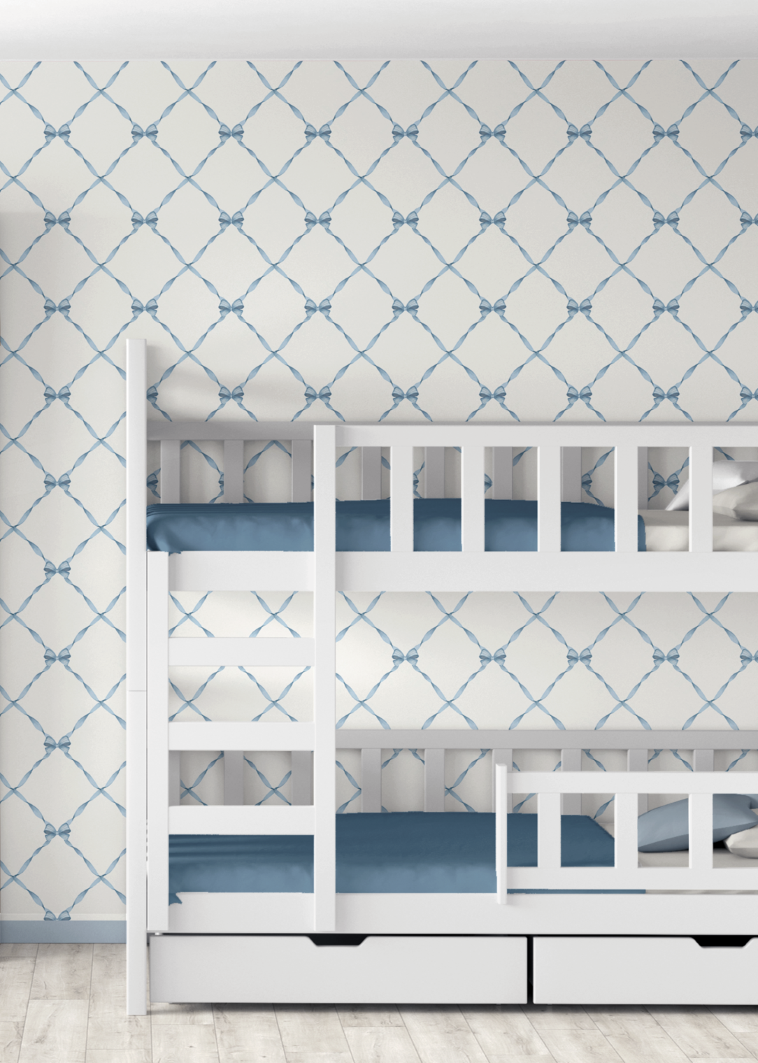 Blue bow trellis wallpaper behind white bunk beds, classic lattice ribbon wallpaper for boys bedroom or nursery