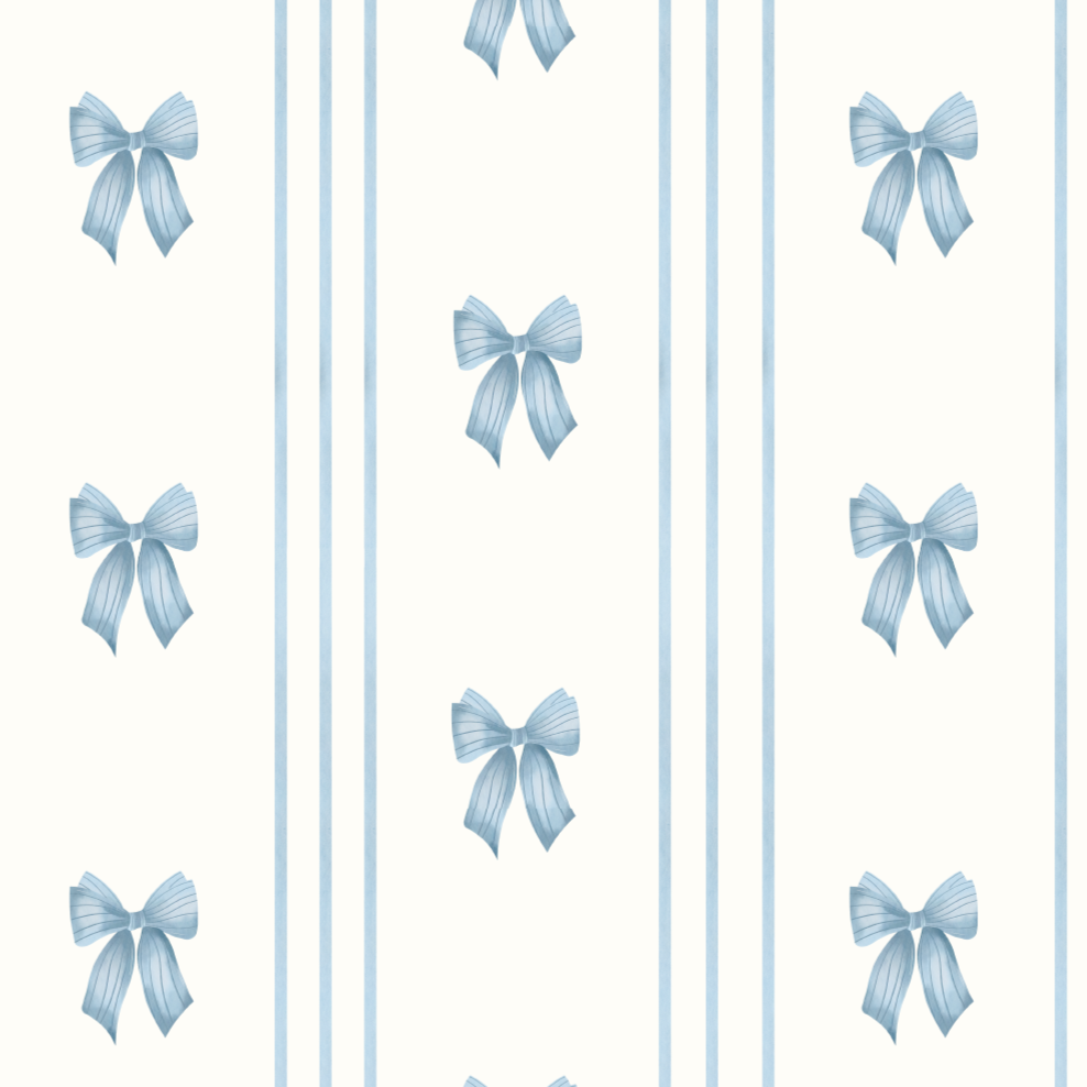 Close up of blue tailored bow wallpaper sample showing vertical stripes and watercolor ribbon detail