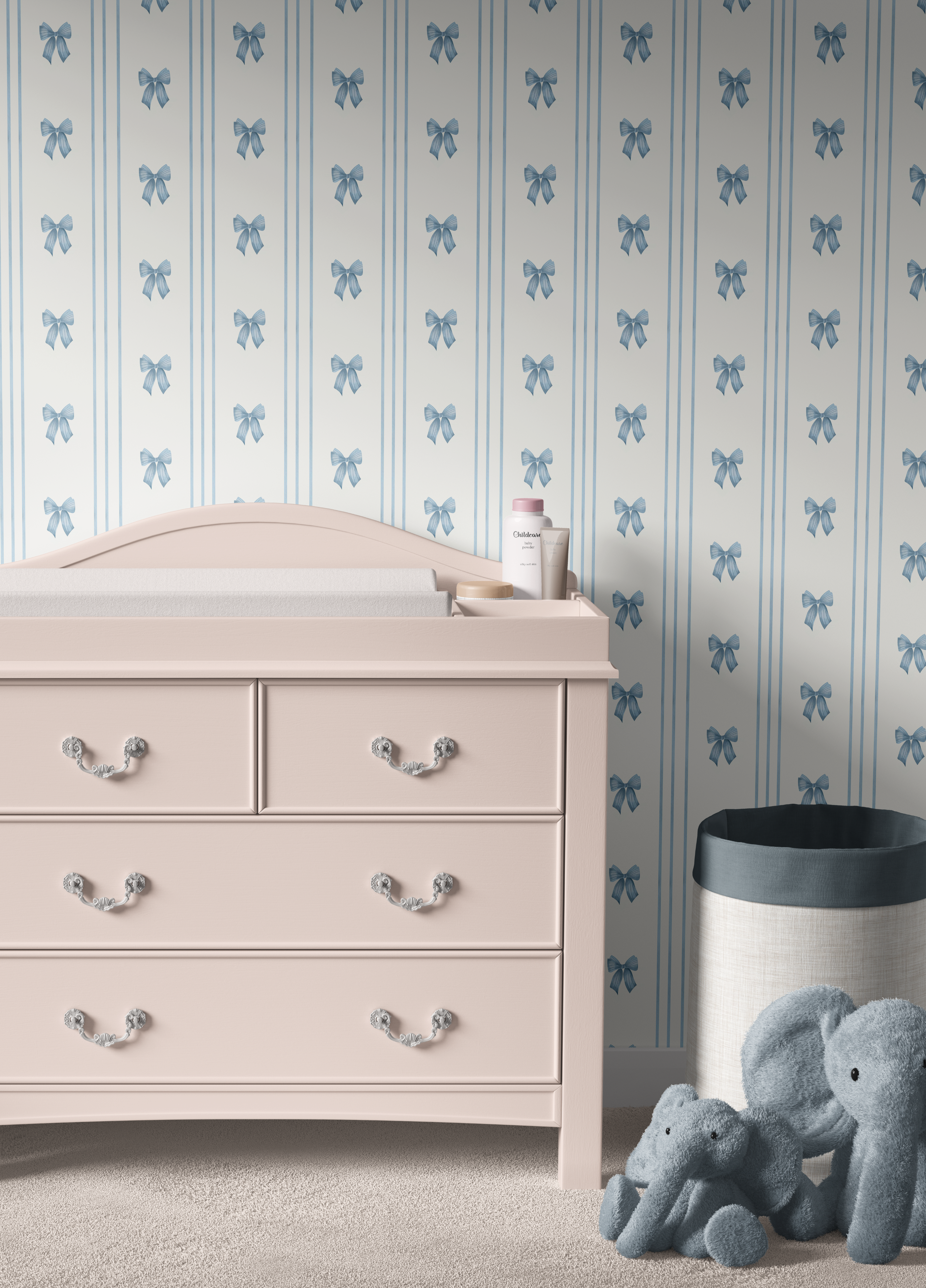 Blue striped bow wallpaper in nursery with soft pink dresser and plush elephants, tailored ribbon pattern on neutral background