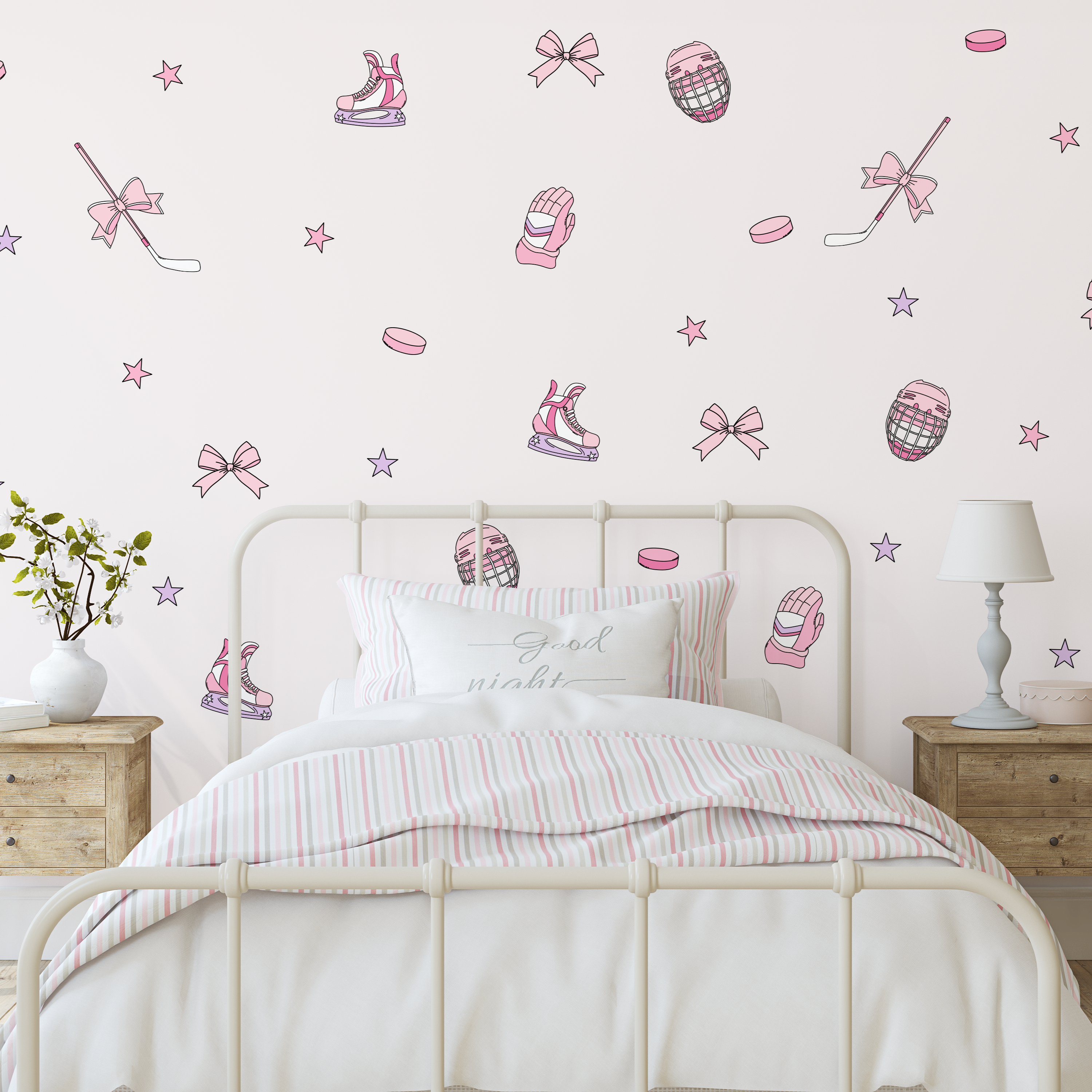 Pink hockey wall decals for girls bedroom featuring blush hockey skates, helmet, gloves, sticks, bows, pucks and stars.