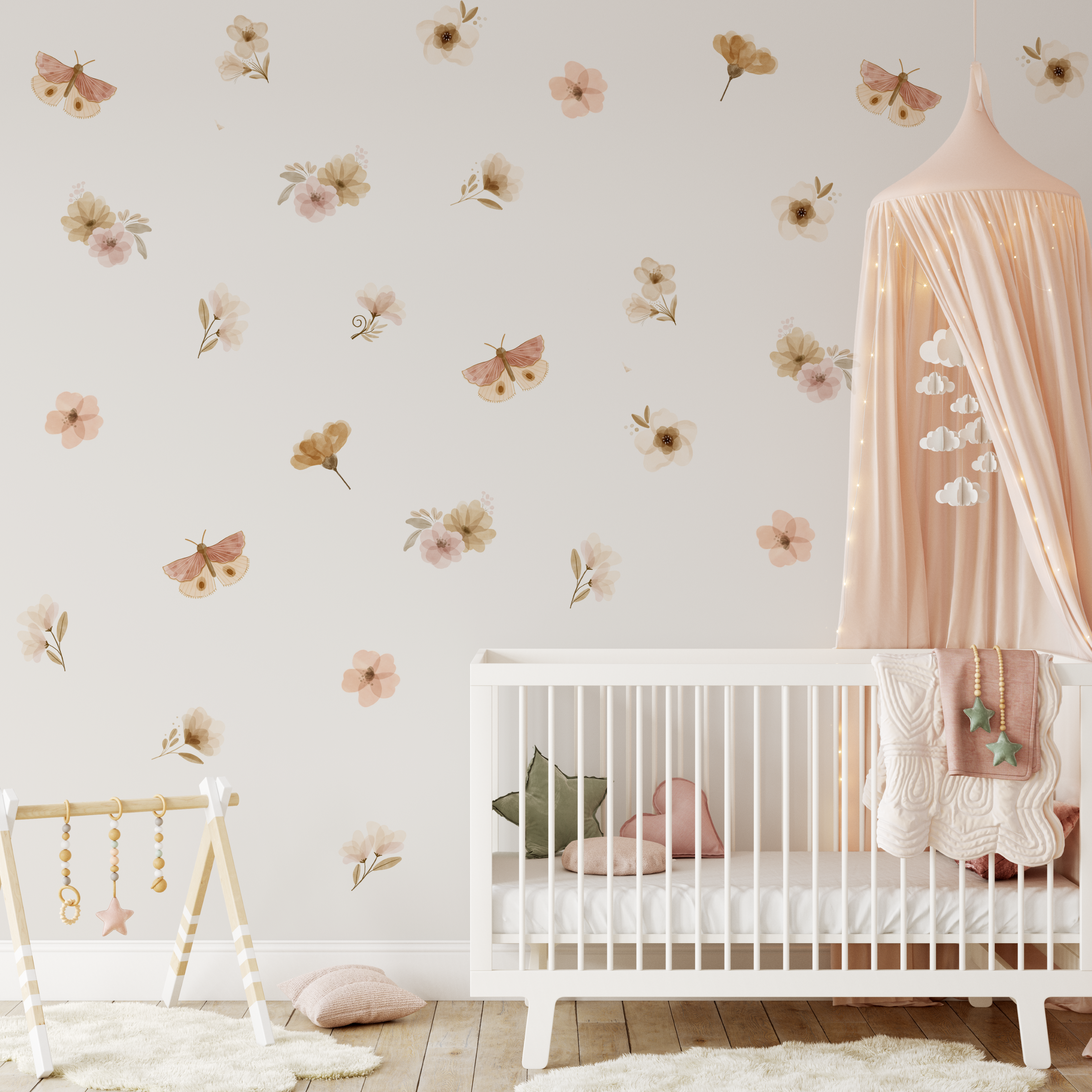 Bohemian butterfly and floral wall stickers in a soft pink nursery decor