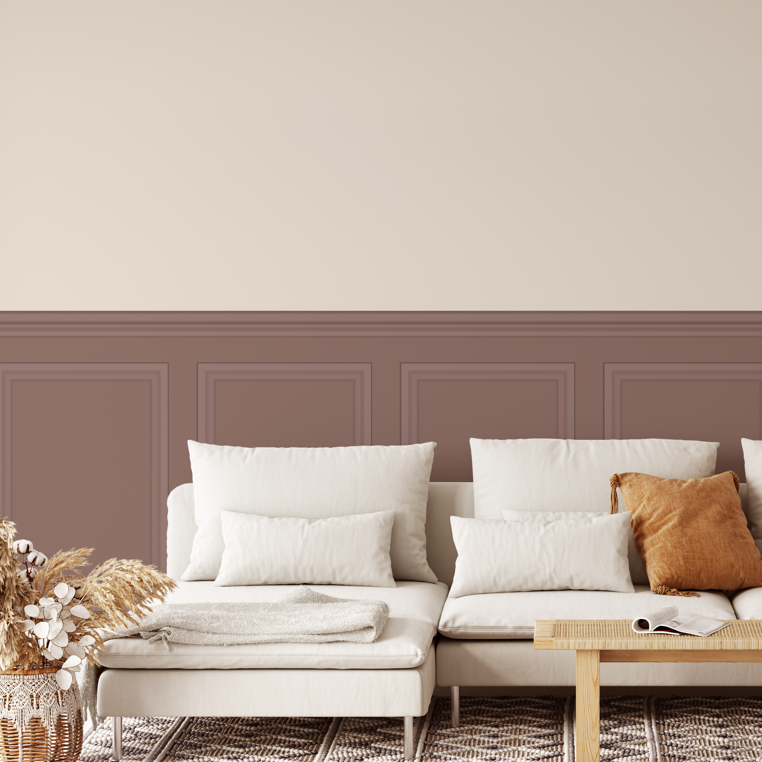 Brown removable board and batten wallpaper in boho living room with white sofa and earthy decor