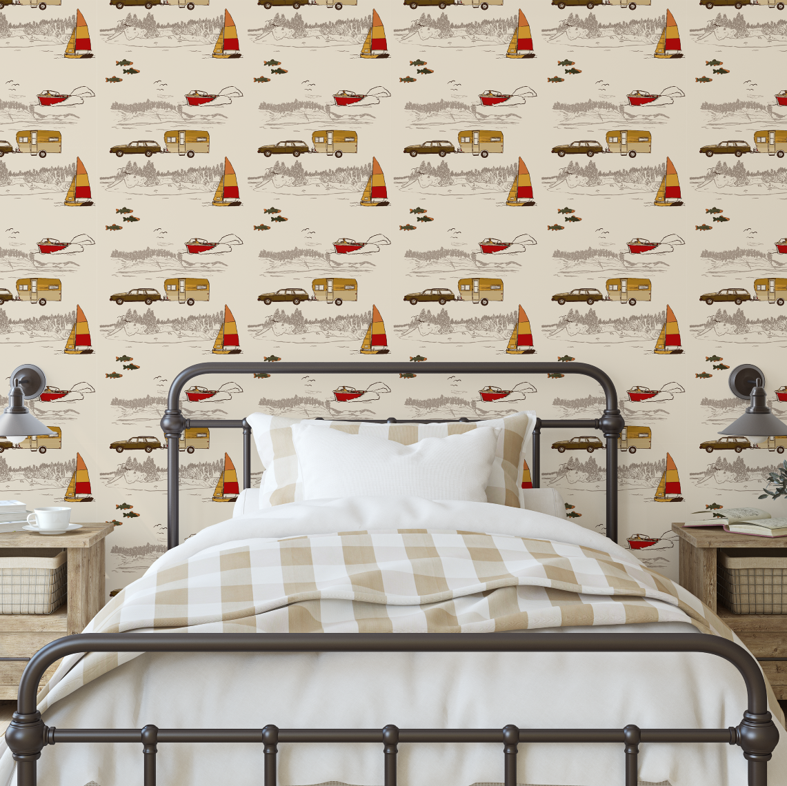 happy camper wallpaper styled bedroom with metal bed, neutral lake wallpaper with boats fish and camper trailer design
