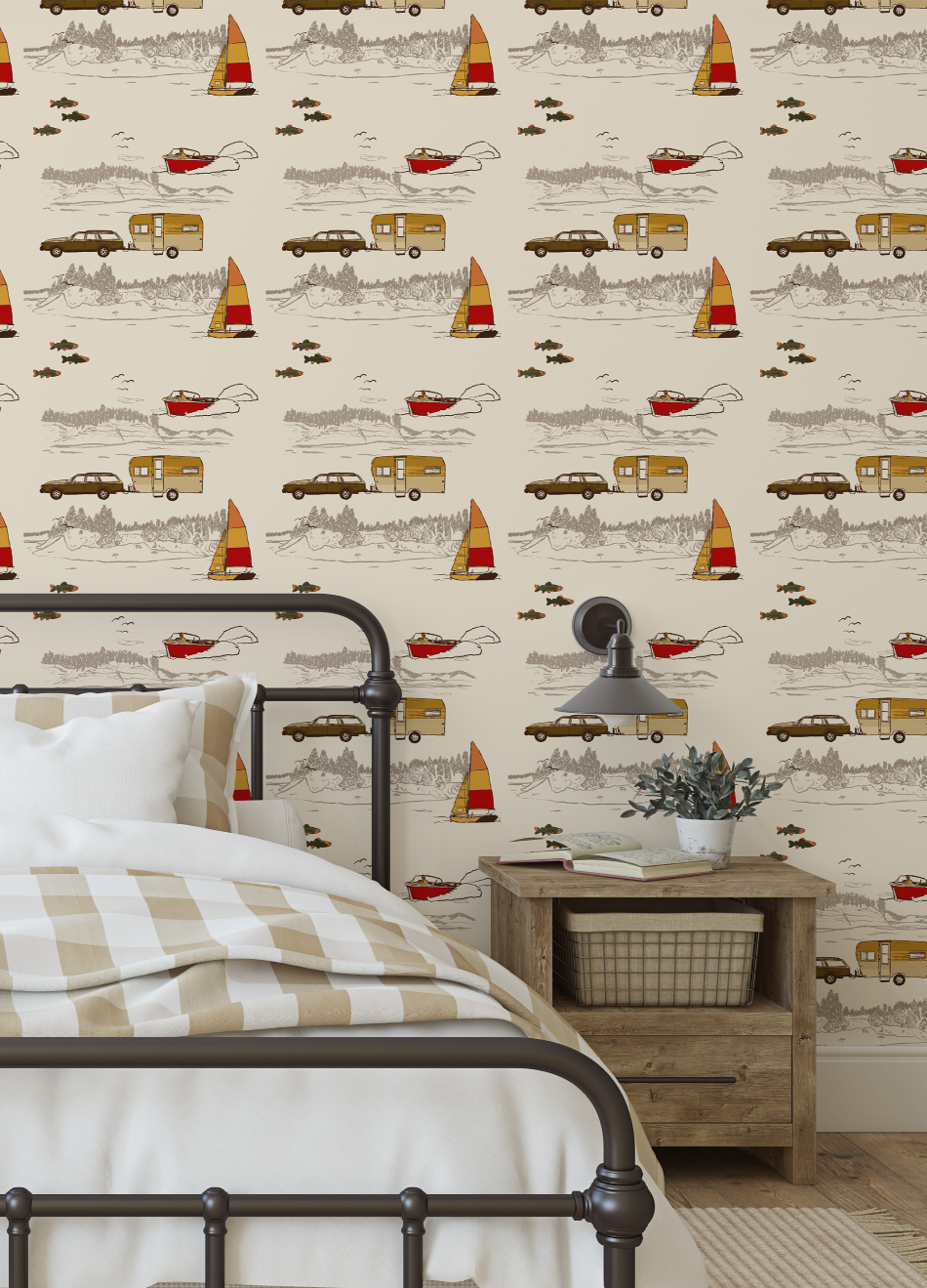 Bedroom with a decorative wallpaper featuring vehicles and a metal bed frame.