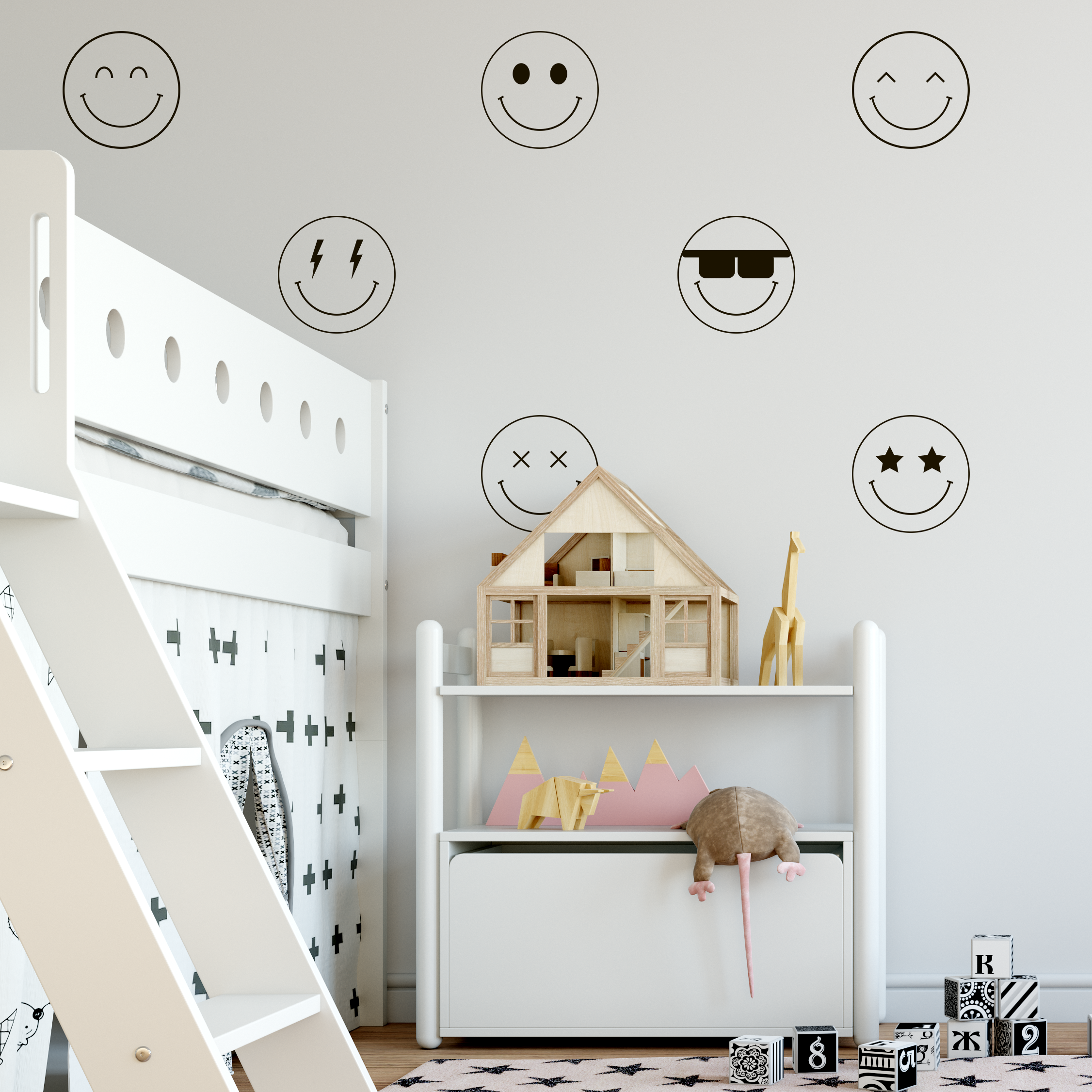 Kids bedroom with loft bed and smile face decals above toy shelf and wooden dollhouse