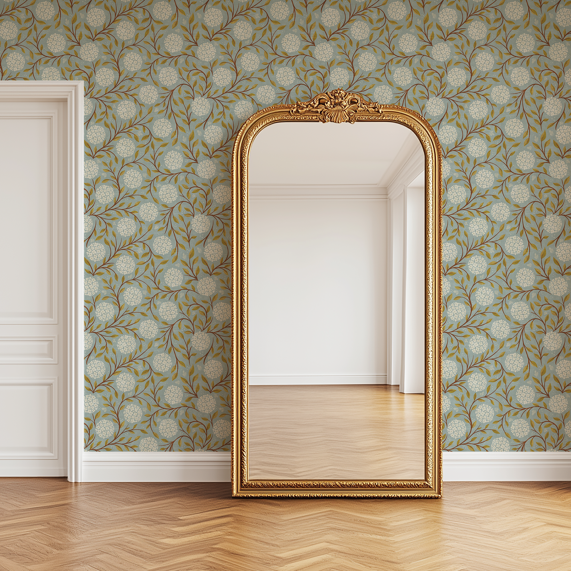 Bramble and Bloom wallpaper with antique gold floor mirror showcasing delicate white blossoms, winding branches, and vintage botanical pattern