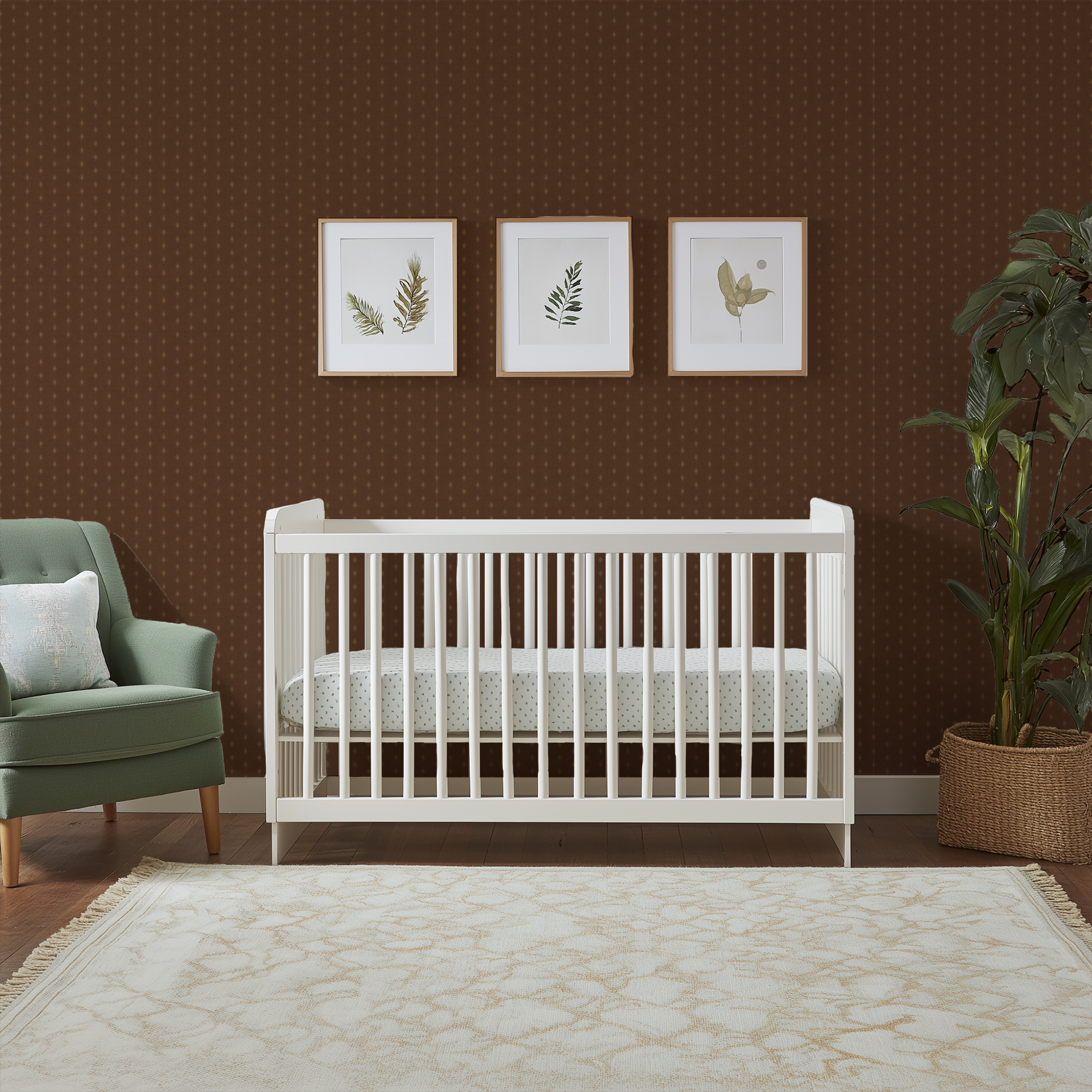 Brown Diamond Tile Wallpaper in a vintage nursery with white crib, botanical artwork, and warm earthy geometric wall pattern.