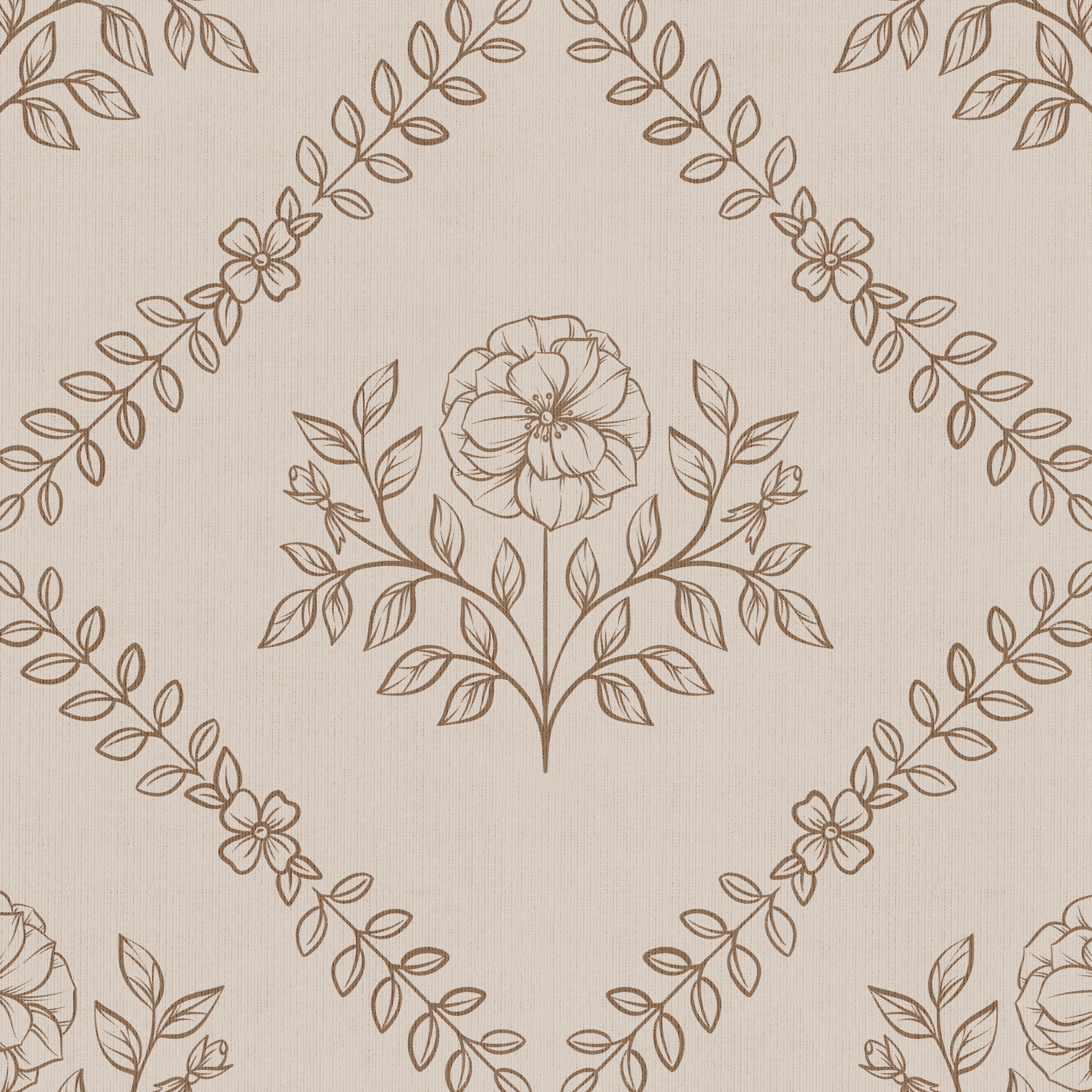 Beige wallpaper featuring a delicate brown floral pattern with a central rose and leafy branches arranged in a diamond motif.