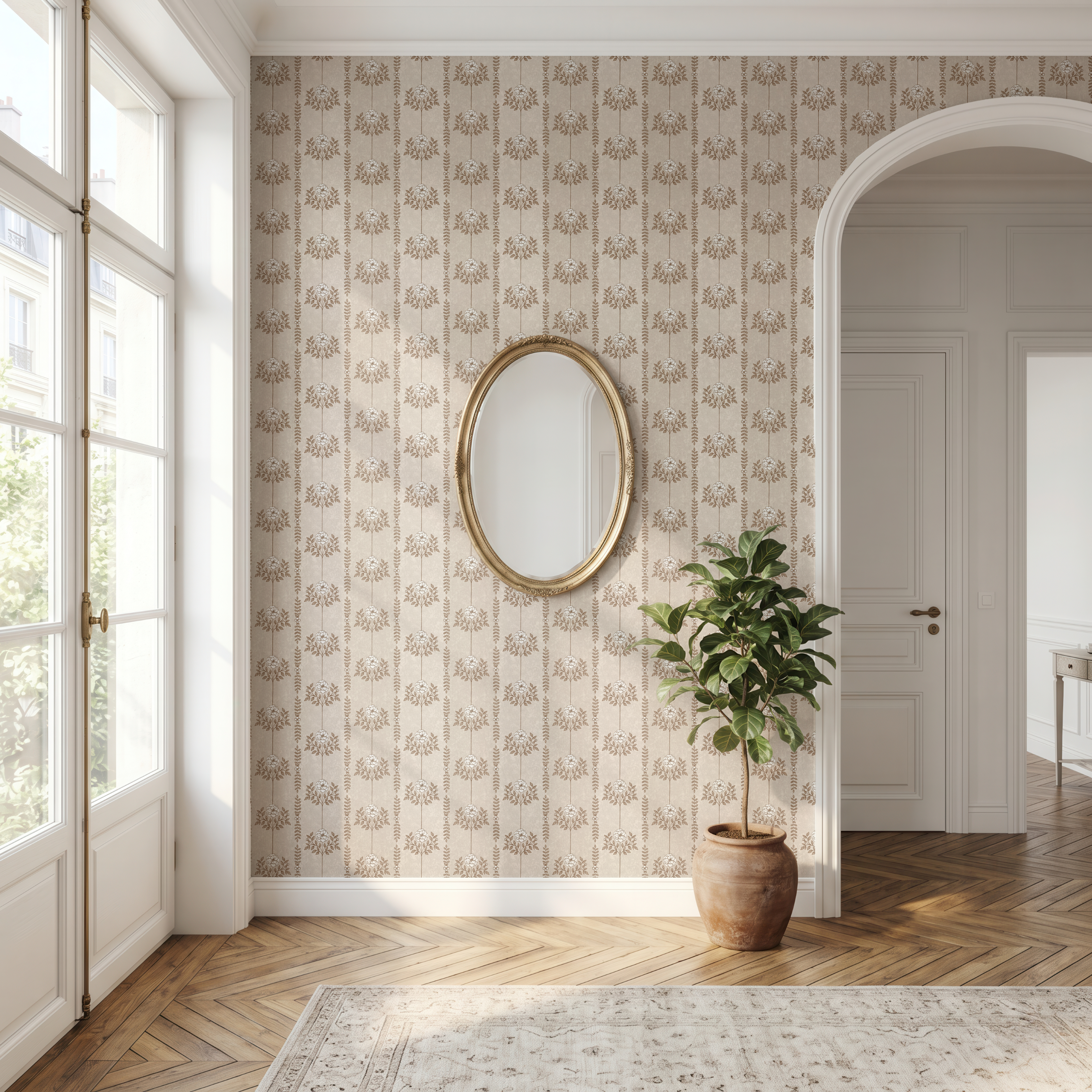 Brown Hanging Floral Wallpaper in an elegant hallway with arched doorway, gold mirror, and timeless traditional interior design.