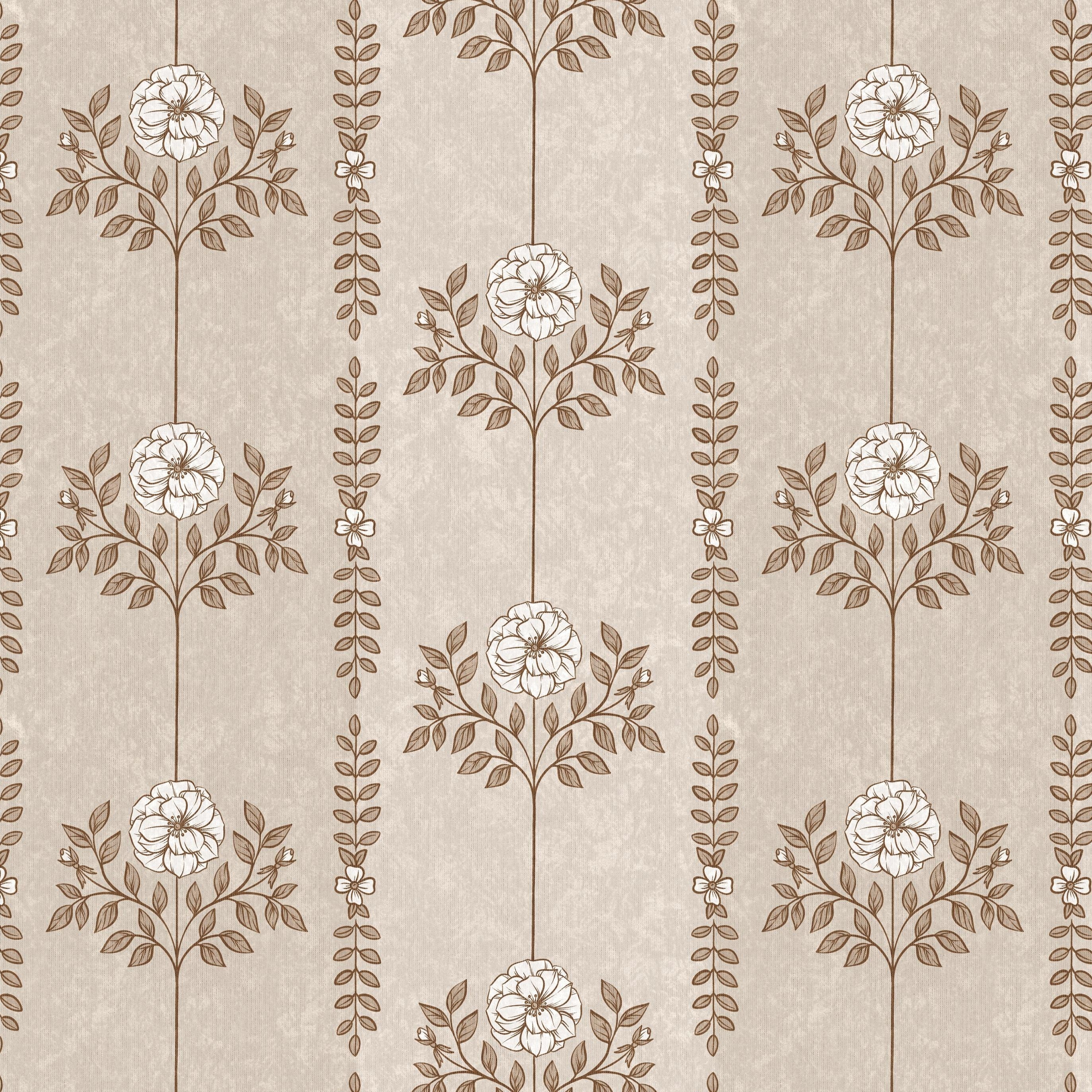 Brown Hanging Floral Wallpaper sample featuring a delicate vertical botanical pattern with hand-drawn floral vines on a warm neutral background.