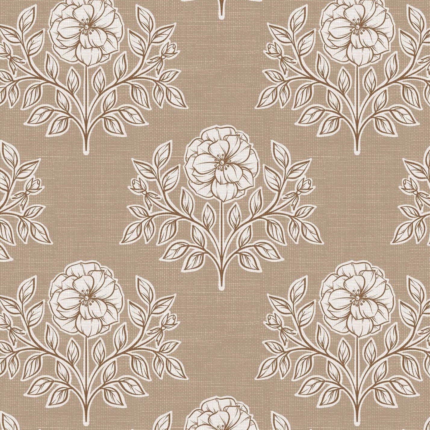 Brown Prairie Floral Wallpaper sample with an all-over vintage botanical floral pattern on a warm linen-look taupe background.