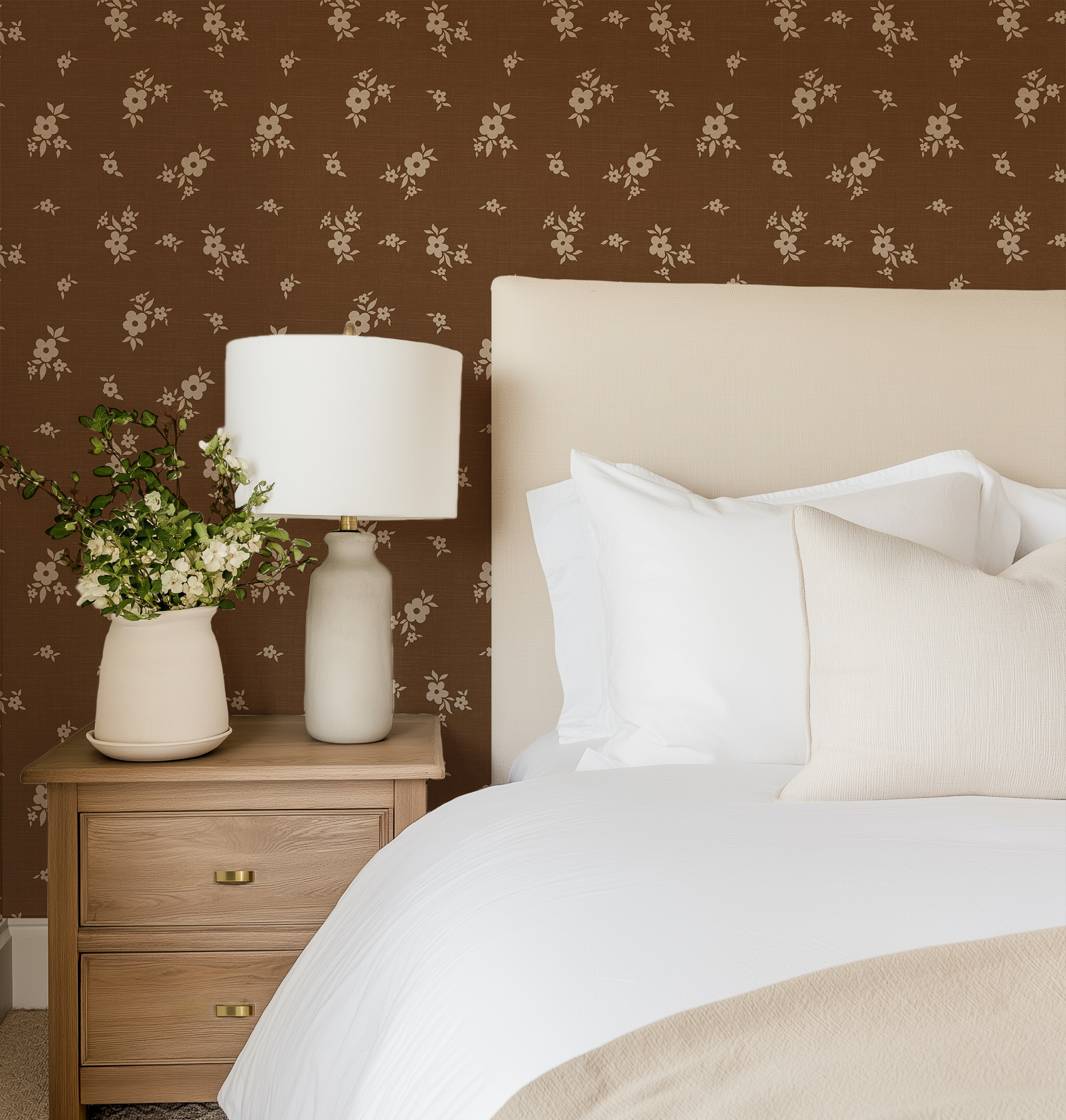 Brown Scattered Floral Wallpaper in a neutral bedroom with upholstered headboard, white bedding, and warm brown floral wallpaper.