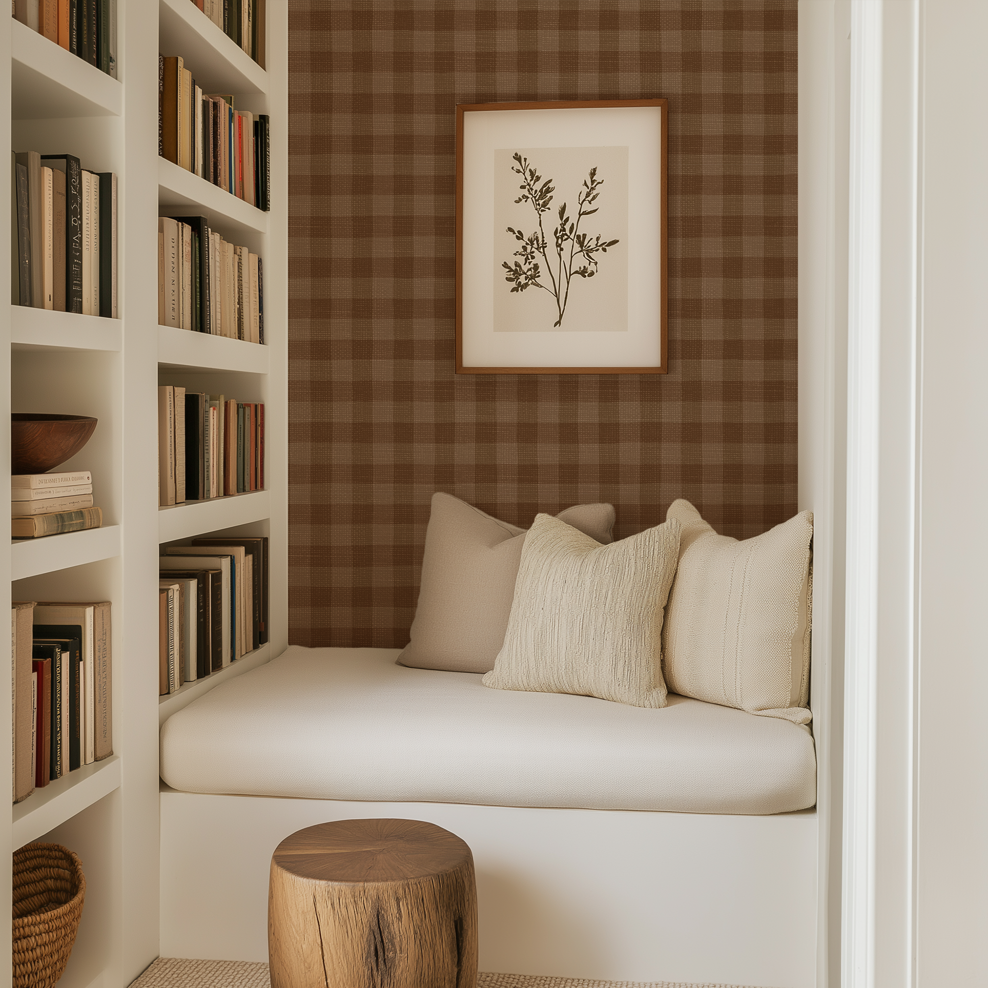 Brown Woven Gingham Wallpaper in a built-in reading nook with bookshelves, soft neutral cushions, and cozy library-inspired styling.