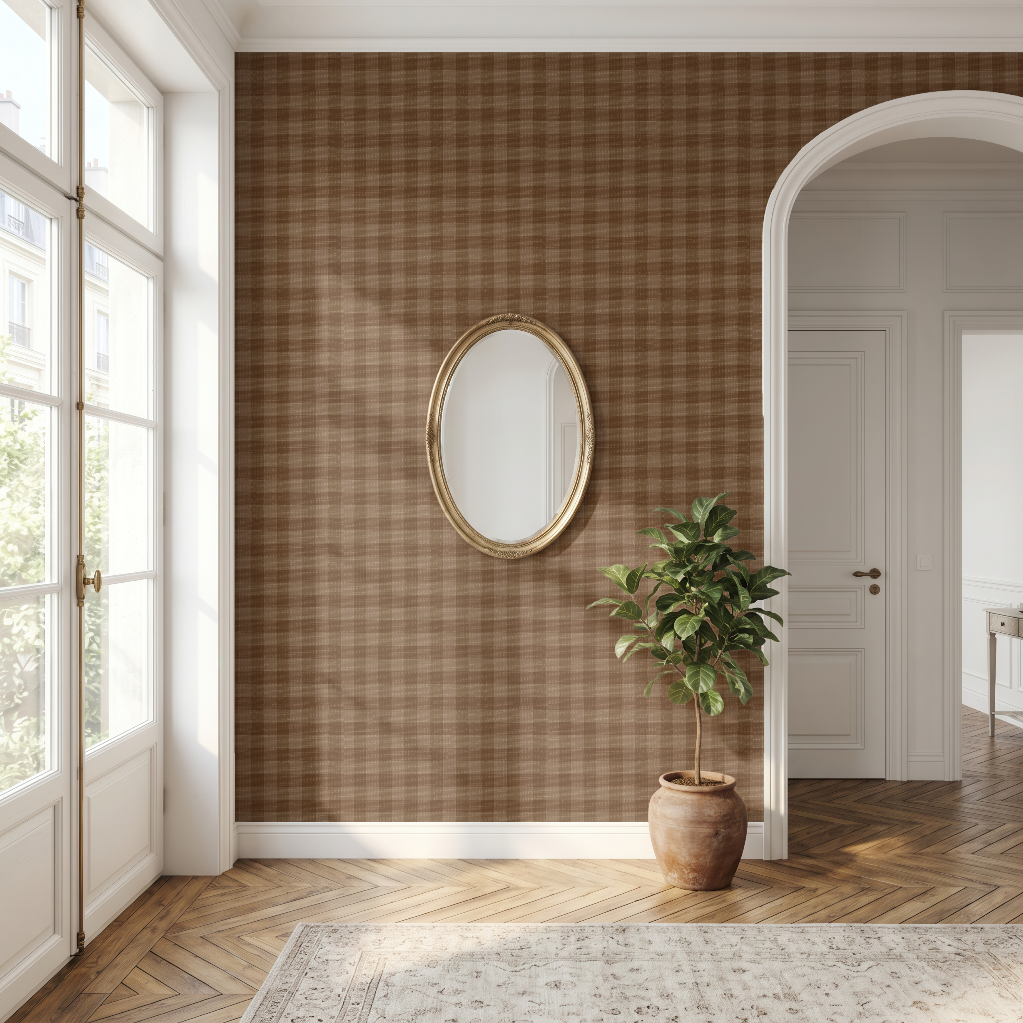 Brown Woven Gingham Wallpaper in a bright hallway with an arched doorway, gold mirror, and classic traditional interior design.