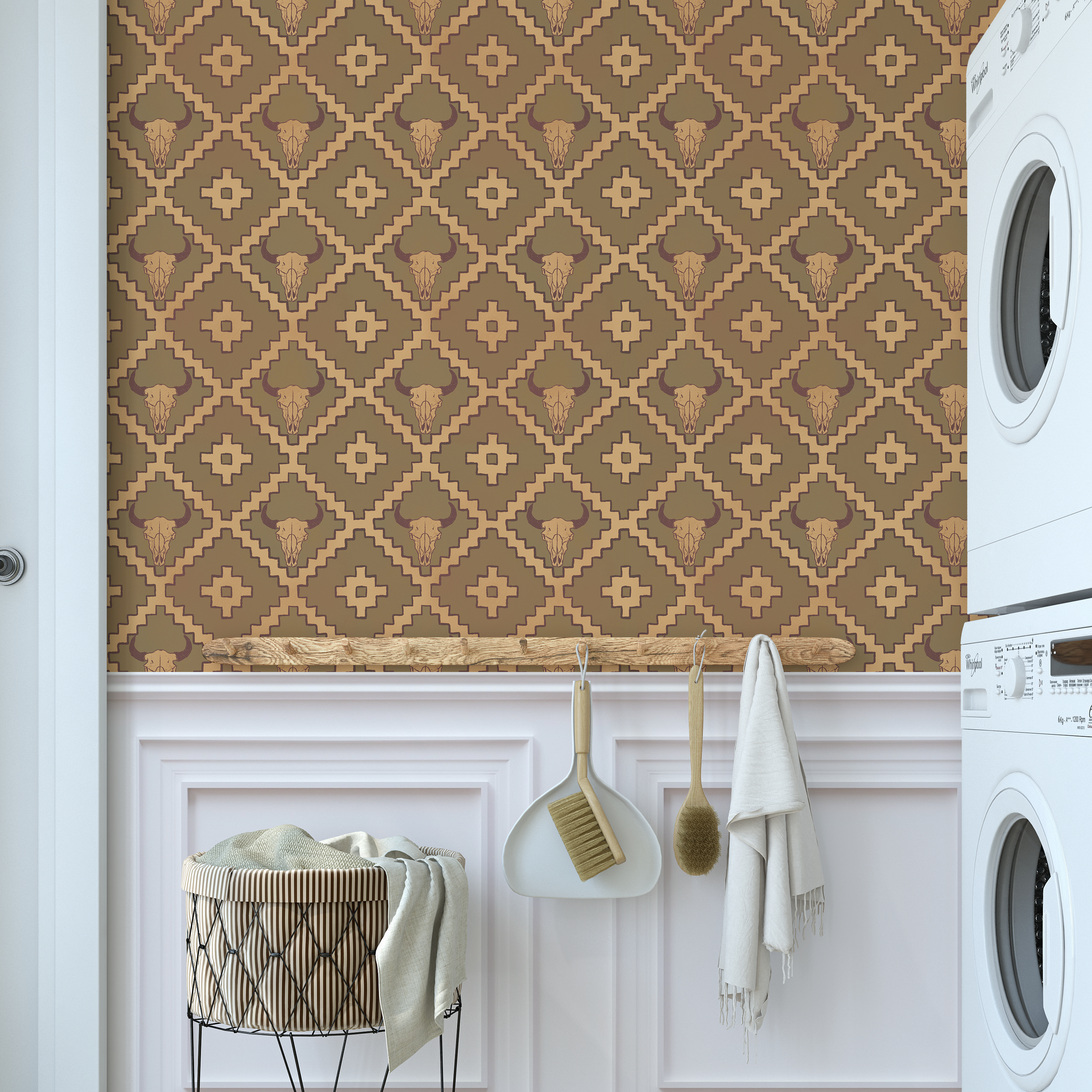 Brown western wallpaper with buffalo skull design styled in a modern laundry room
