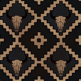Bold black and tan wallpaper featuring repeating buffalo skulls and Aztec-style diamonds in a Western cowboy theme