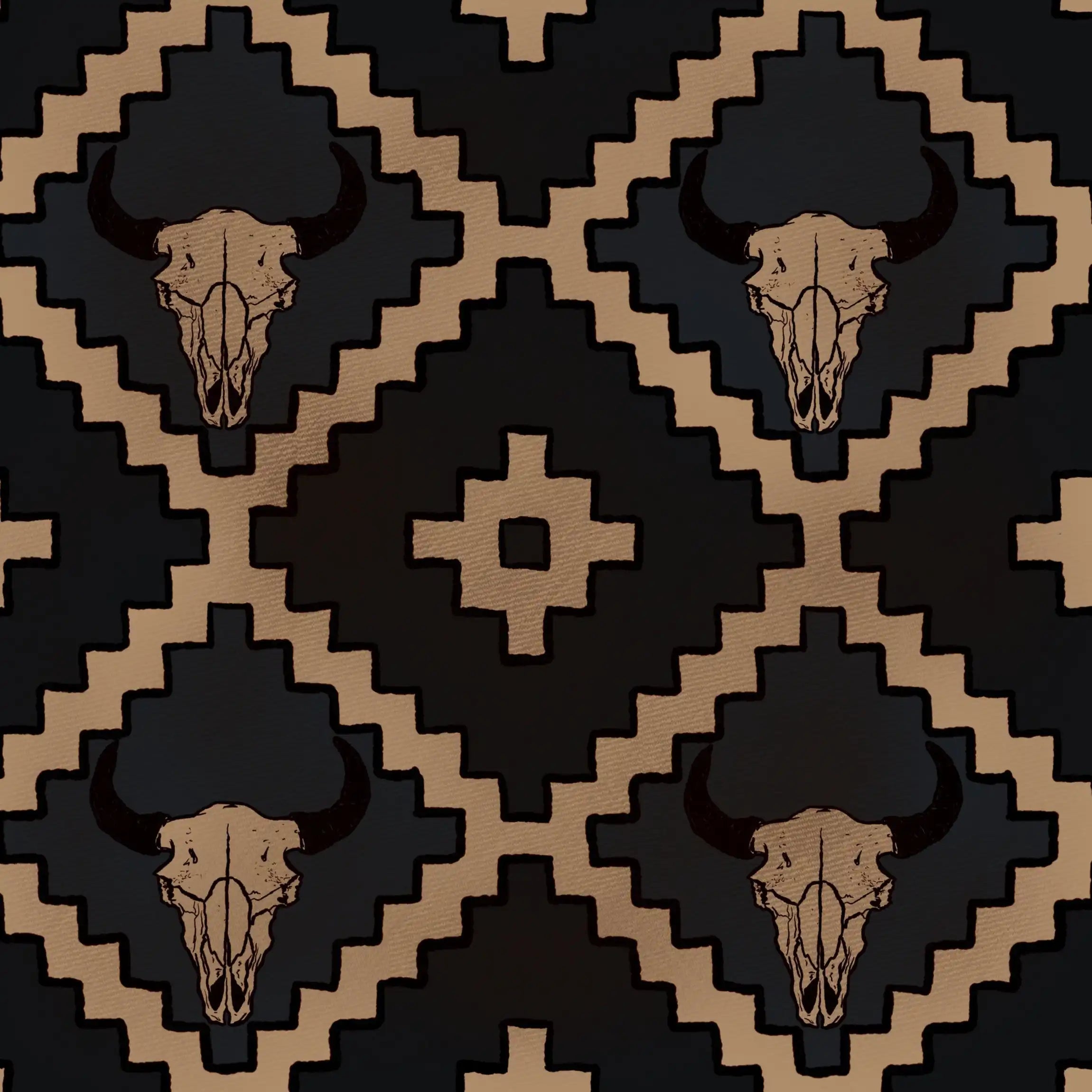 Bold black and tan wallpaper featuring repeating buffalo skulls and Aztec-style diamonds in a Western cowboy theme