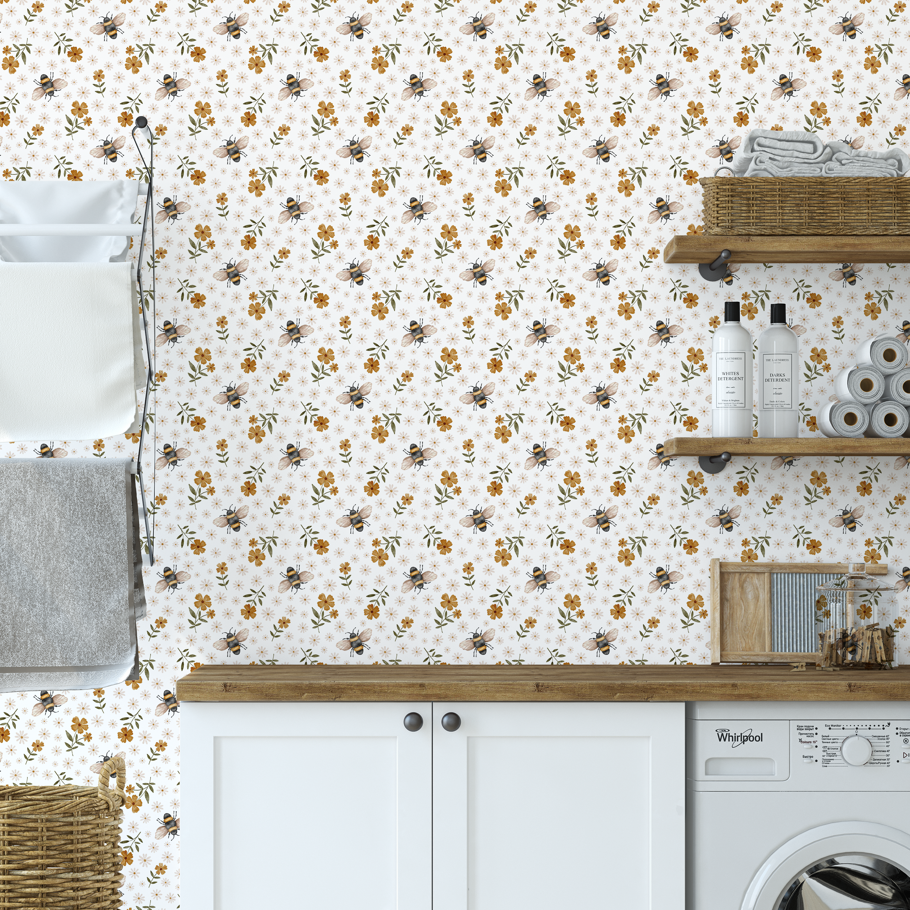 Busy bee floral wallpaper in a laundry room with white cabinets, wood shelves, and vintage inspired mustard flowers