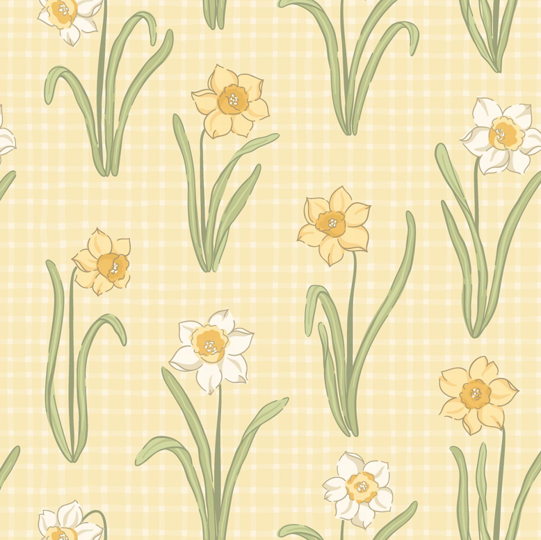 Close-up of butter yellow gingham wallpaper with yellow and white daffodils