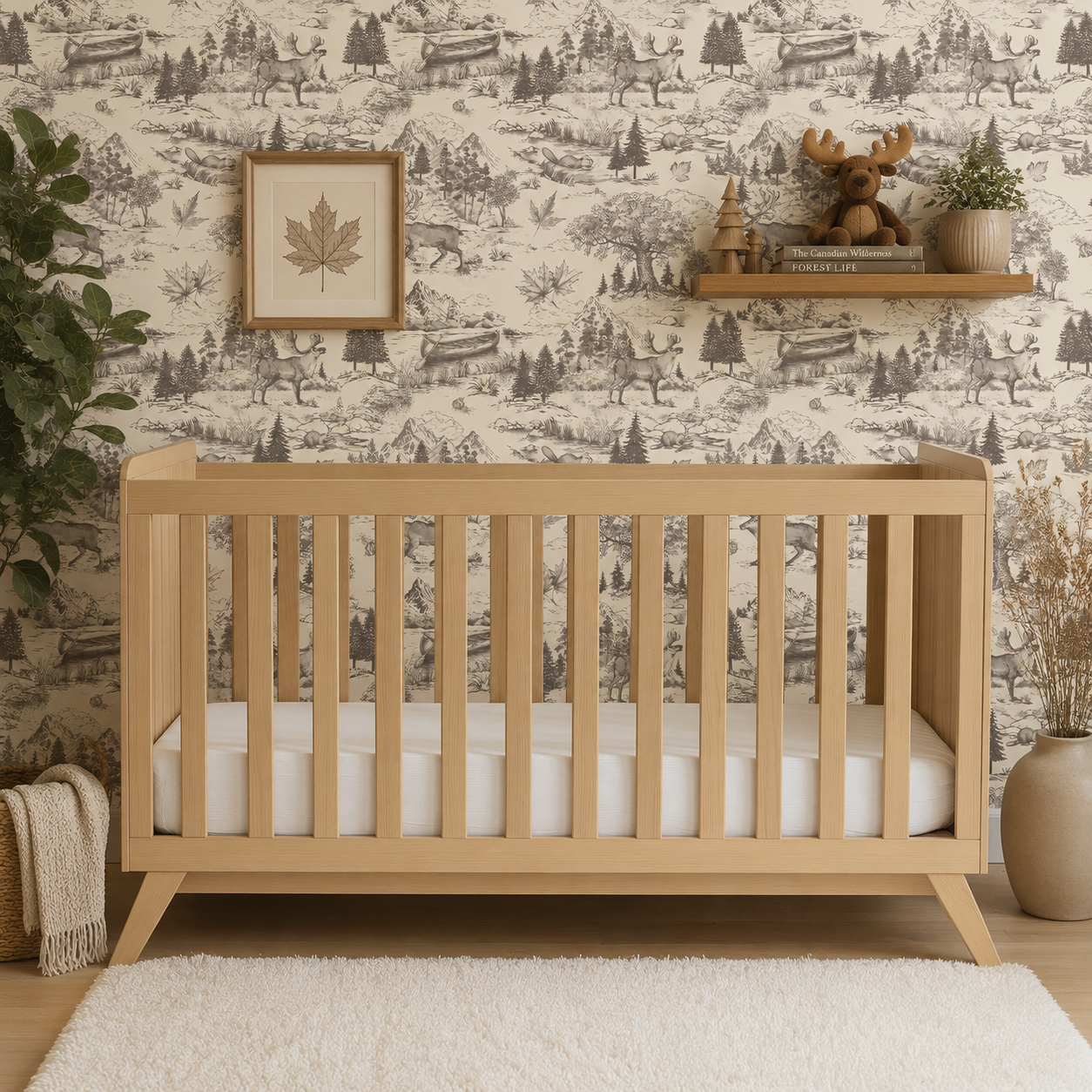 Canada Toile Wallpaper in a woodland nursery with natural wood crib, Canadian wildlife wallpaper and neutral forest decor
