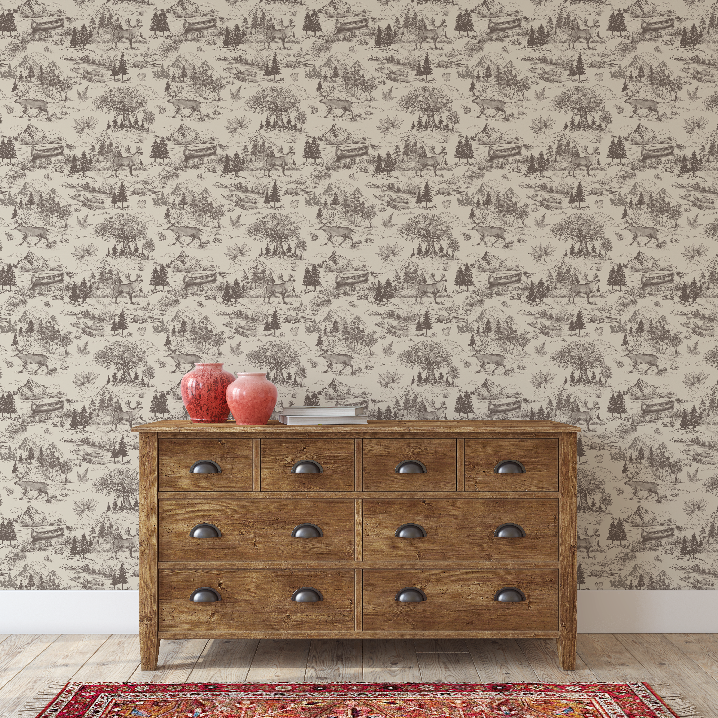 Wide room view featuring Canada Toile Wallpaper with Canadian wildlife illustrations, woodland scenery and rustic cabin inspired decor