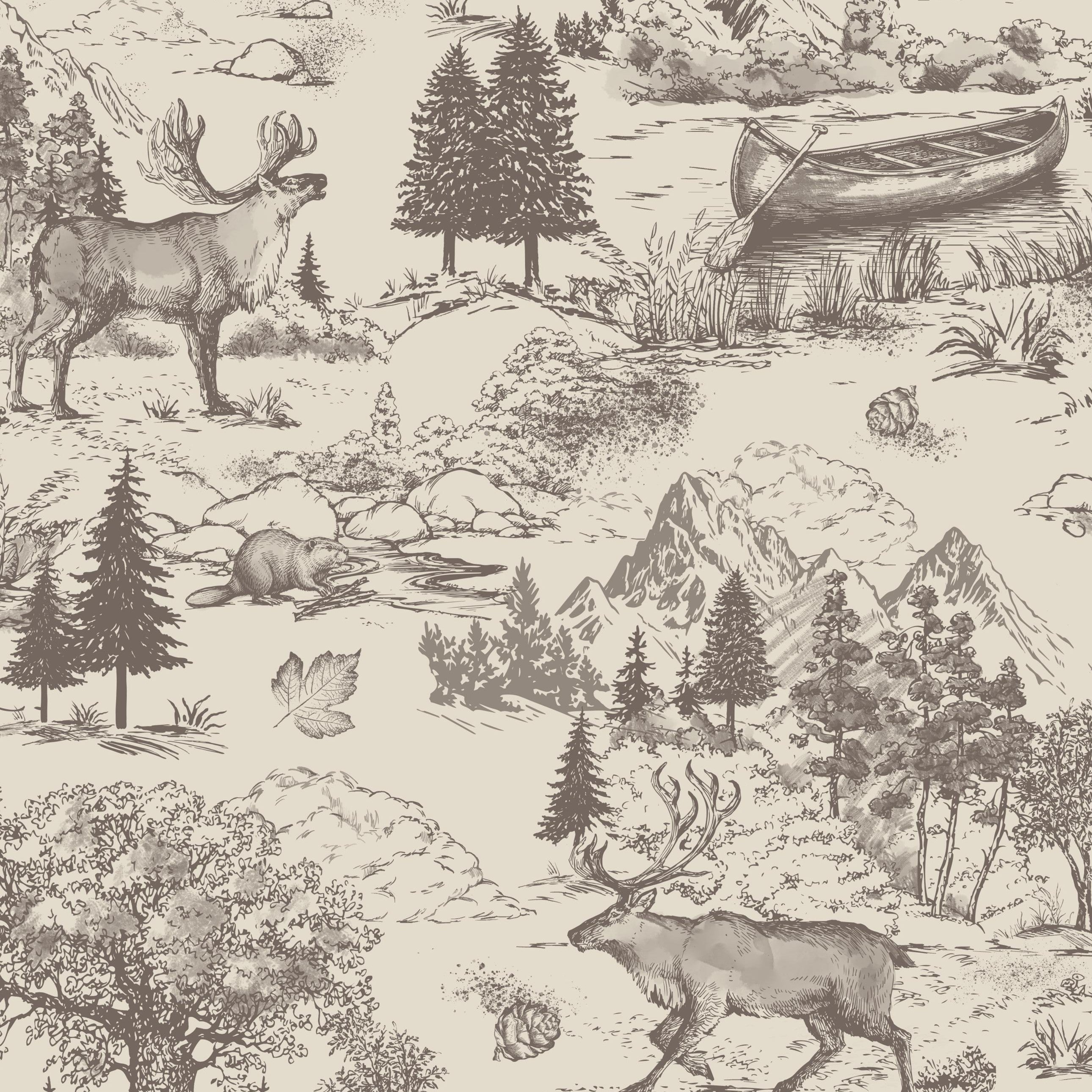 Canada Toile Wallpaper sample featuring moose, canoe, beaver, mountains and pine trees in vintage Canadian wilderness toile pattern