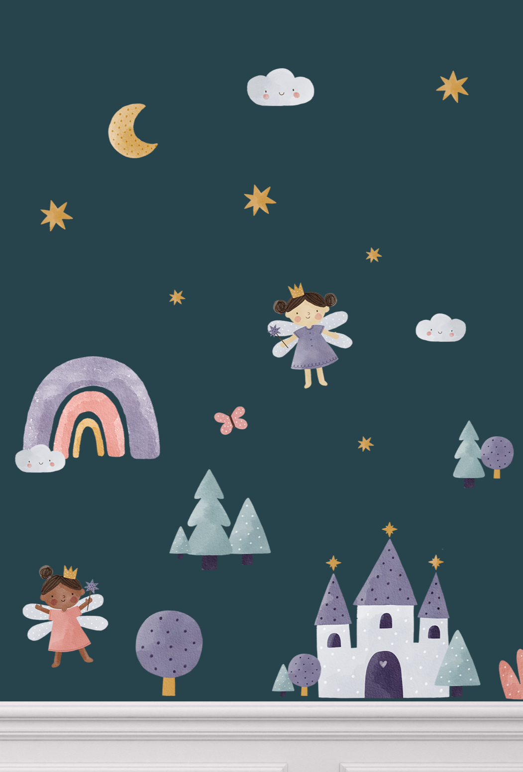Whimsical fairy wall stickers on dark teal nursery wall